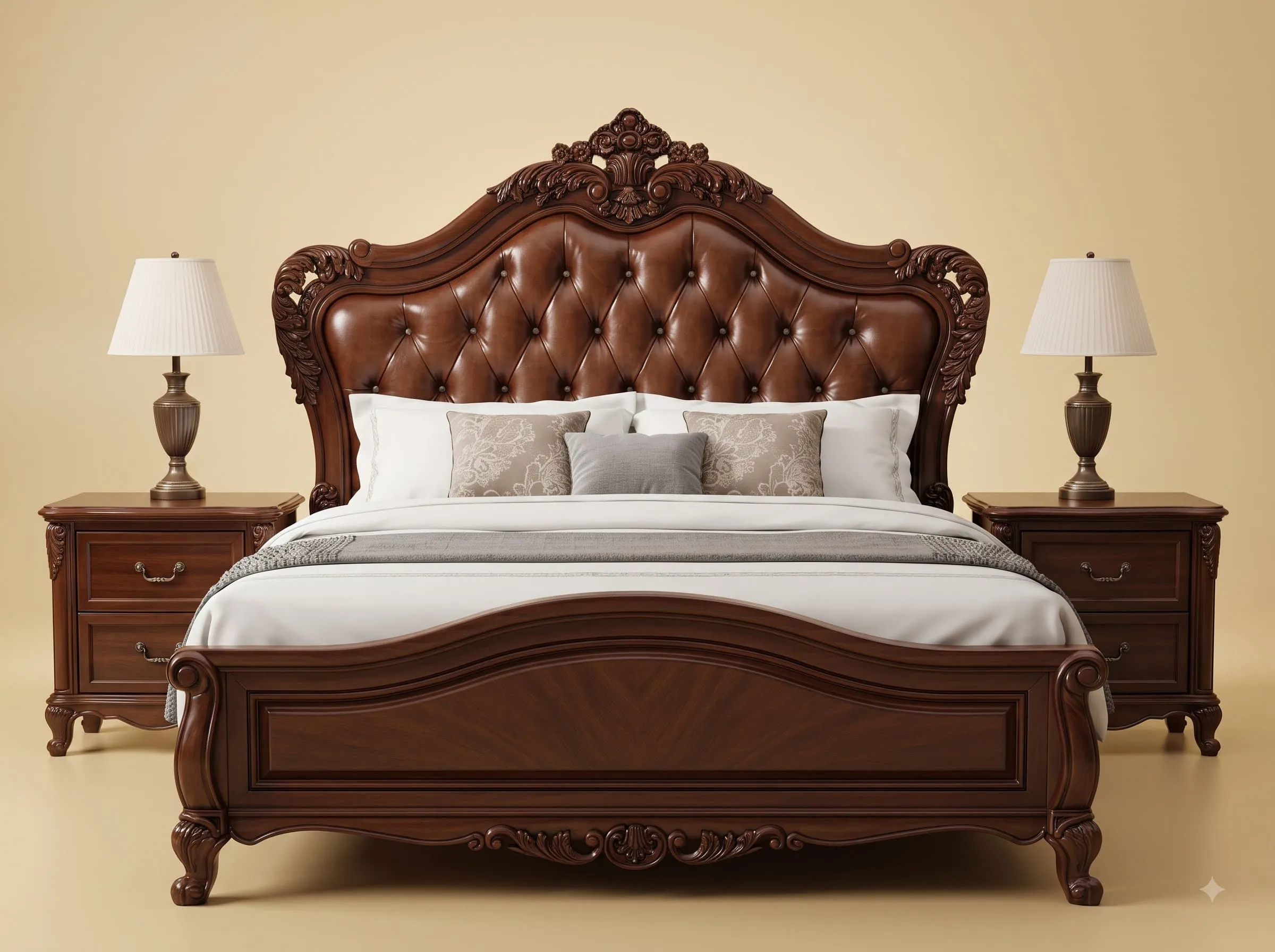 Leather Bed in Solid Teak - King Size with Tan Buttoned Headboard