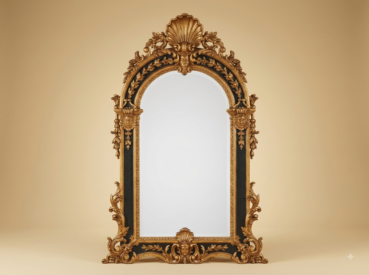 Hand-Carved Teak Wood Arched Black and Gold Mirror | Shell Crest Carved Masks