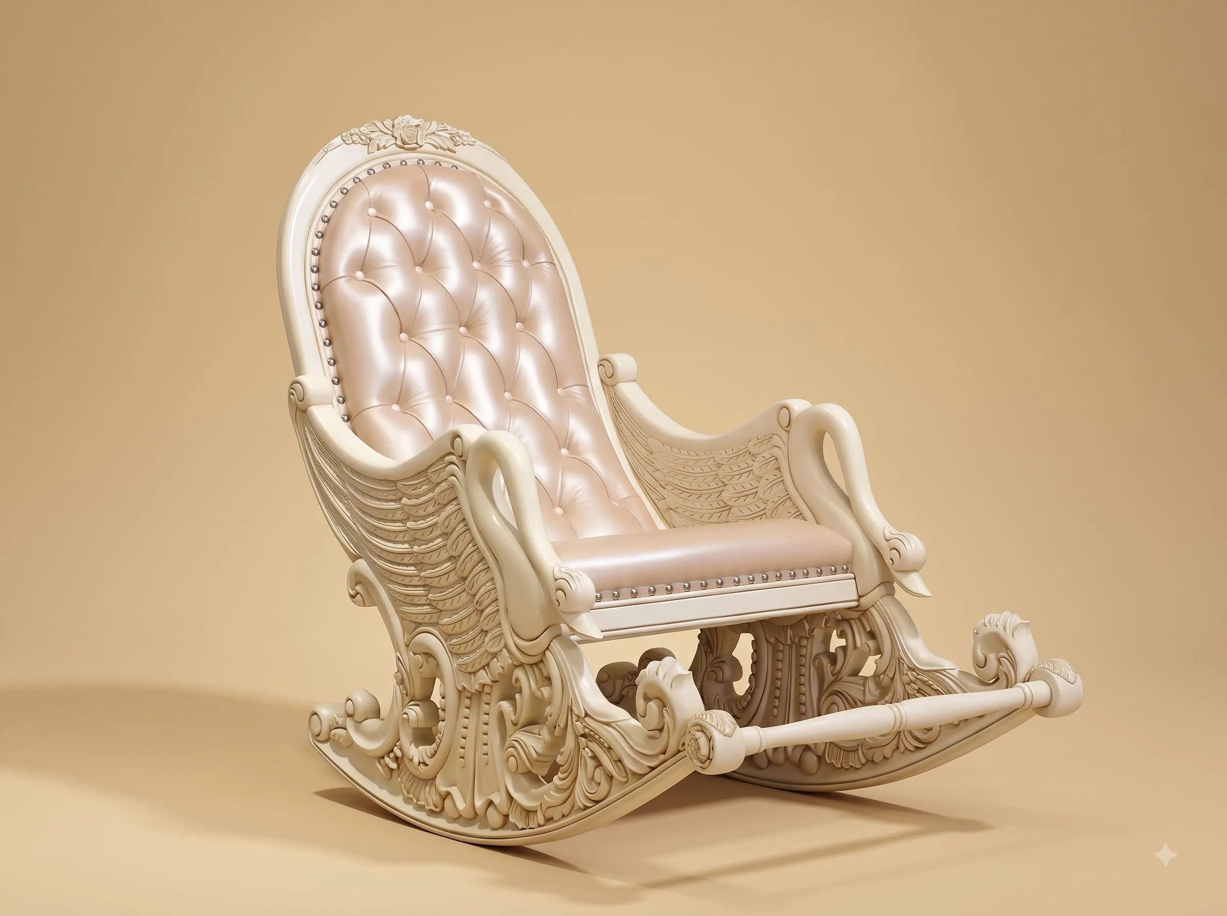 White Rocking Chair in Carved Teak with Buttoned Pearl Upholstery