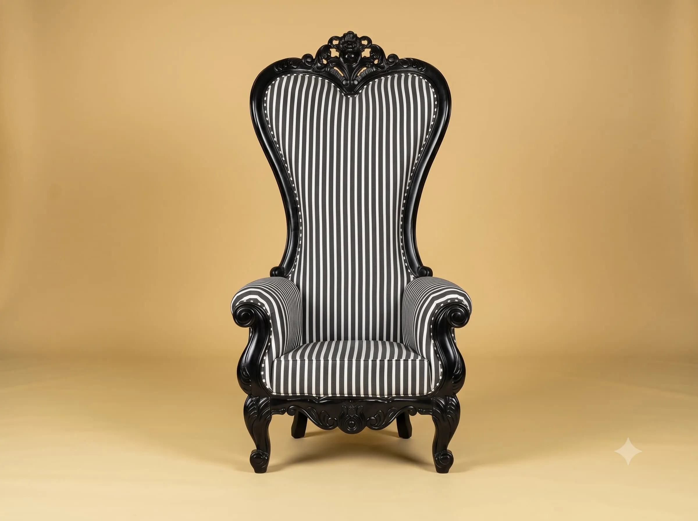 Accent Chair in Carved Teak with a Striped Back and Ebonised Frame