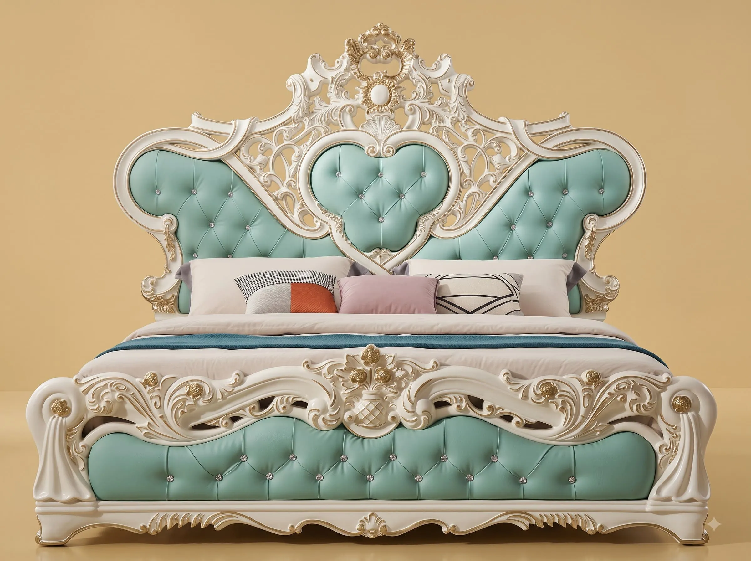 Mint Green Bed in Carved Teak - White Frame with Heart Headboard