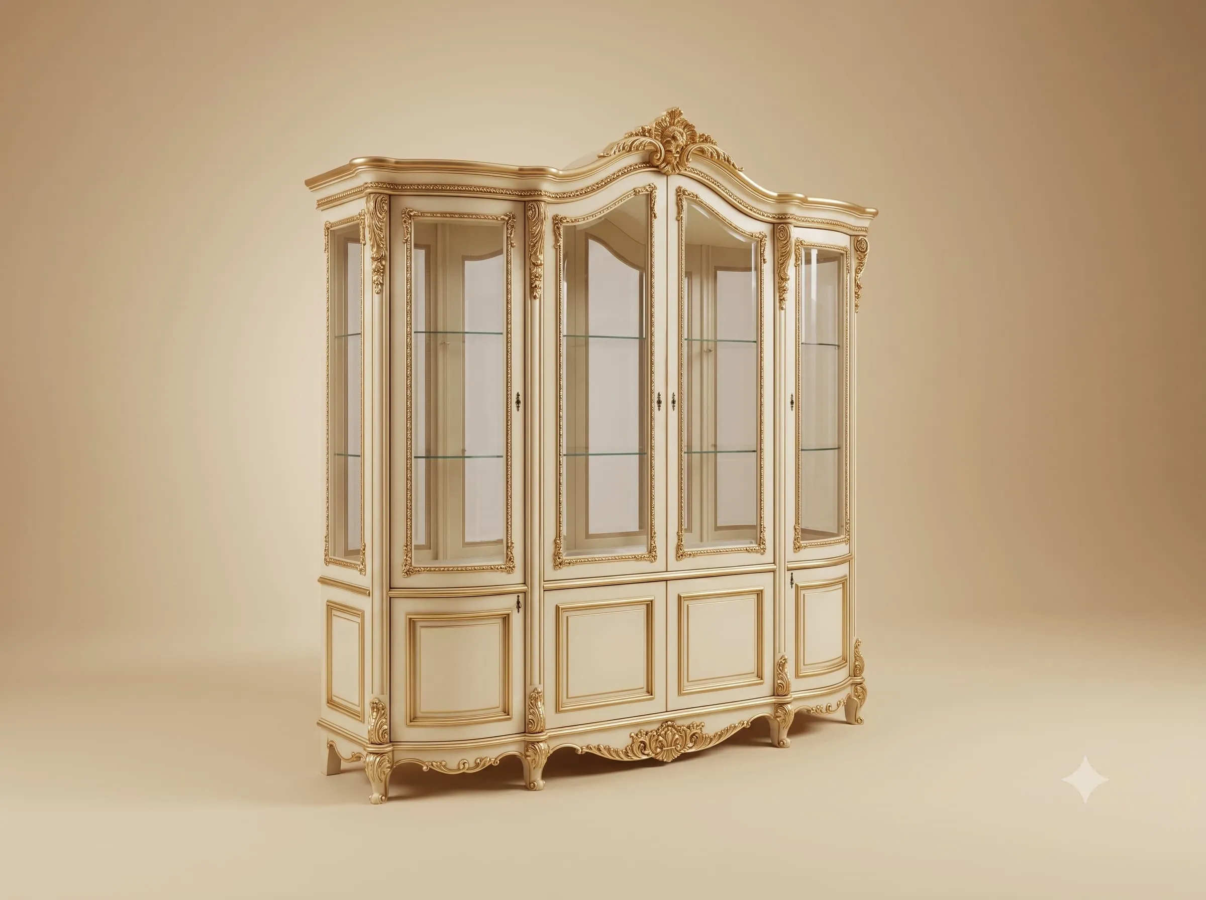 Display Unit in Carved Teak with Glazed Doors and Panelled Base