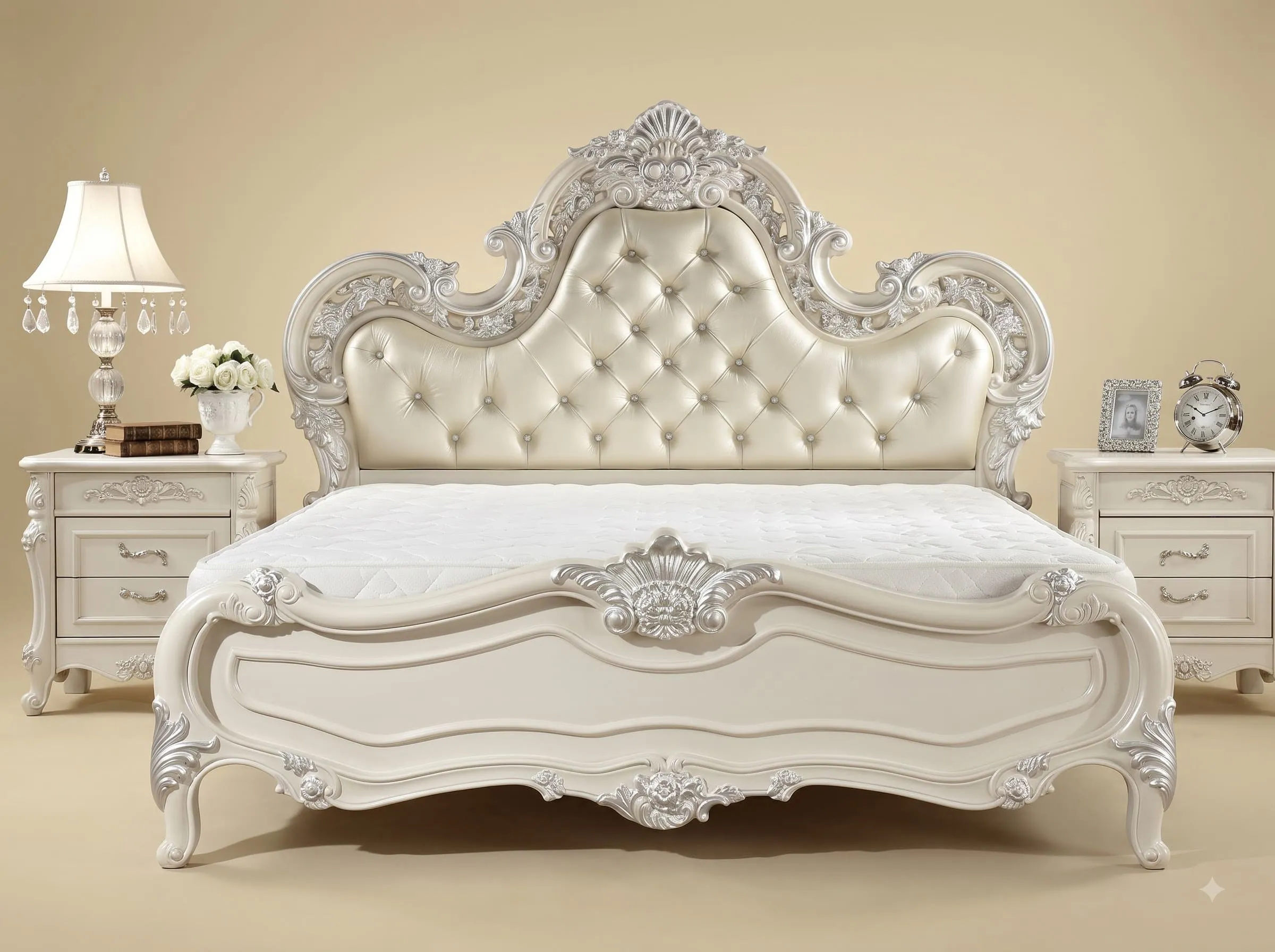 White and Silver King Size Bed - Carved Teak with Silver Leaf Detail