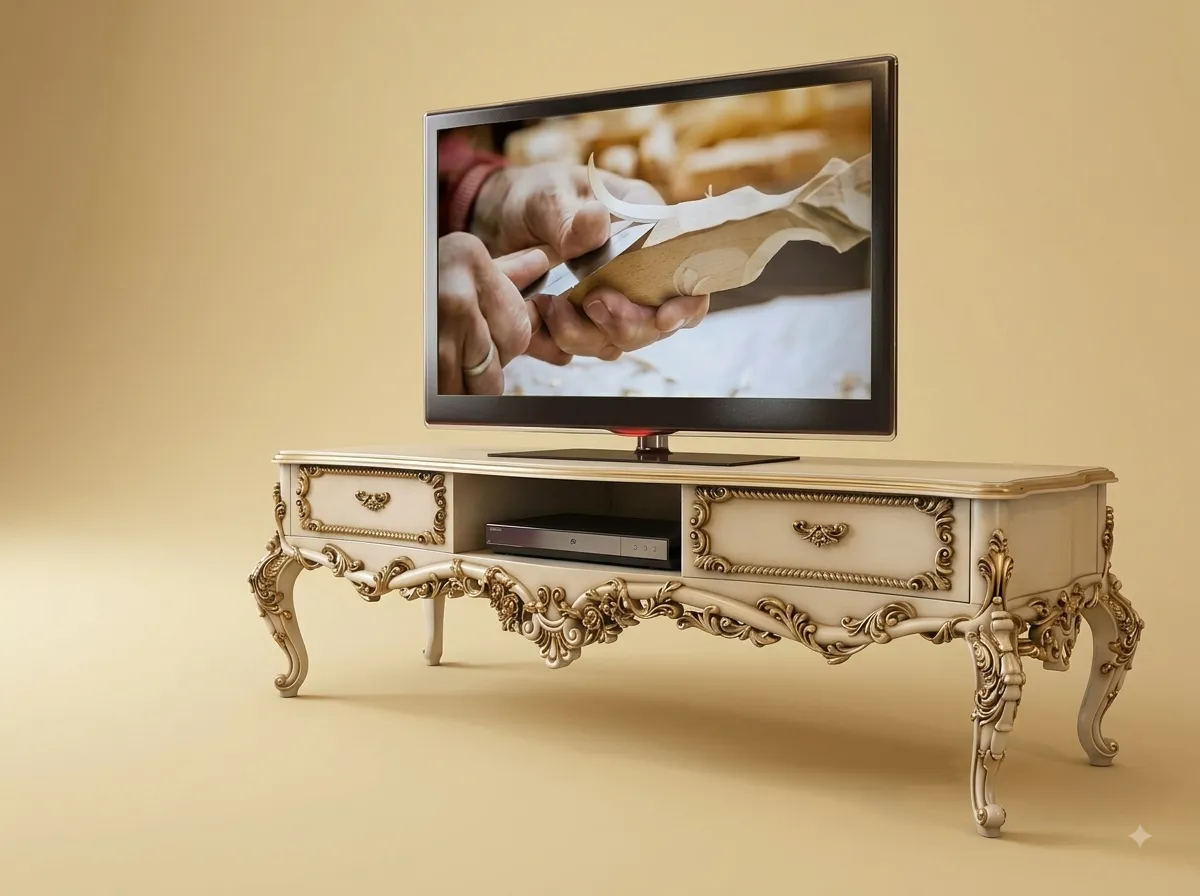 TV Table in Carved Teak with Cabriole Legs and a Cream Gilded Finish
