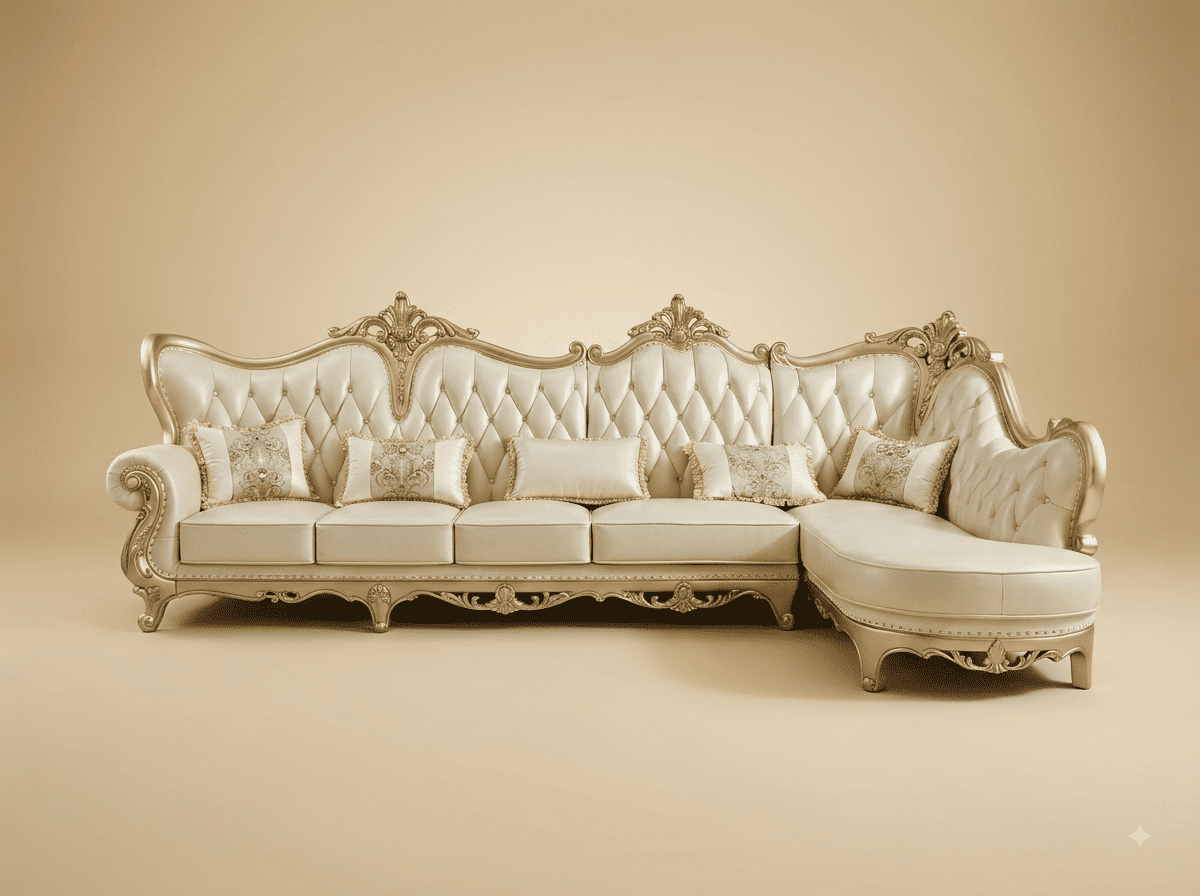 L Shape Sofa in Carved Teak - Cream Buttoned Back with Chaise - Image 1