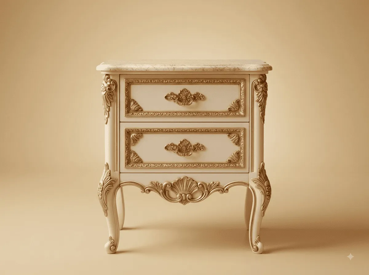 Marble Top Side Table in Carved Teak - Ivory with Gilt Borders