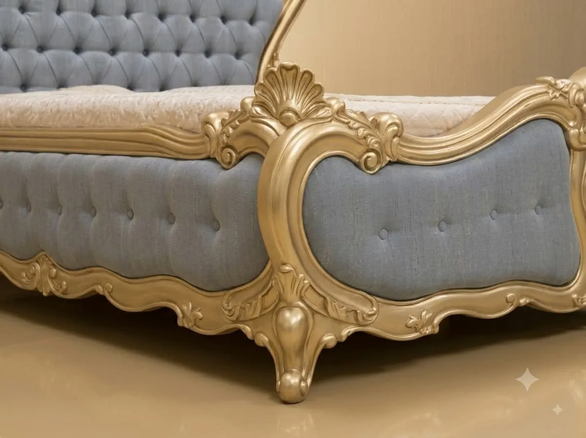 Upholstered Bed Design in Carved Teak - Grey Blue with Champagne Gold