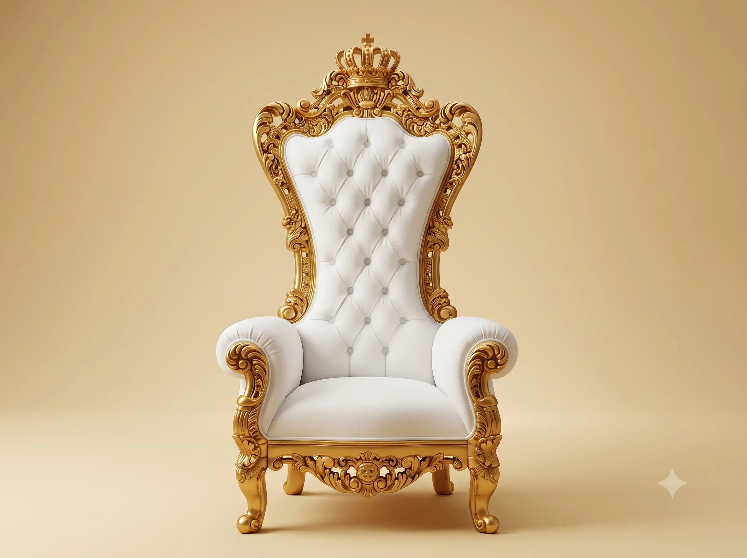 Queen Chair in Carved Teak with a Crown Finial and White Buttoned Back