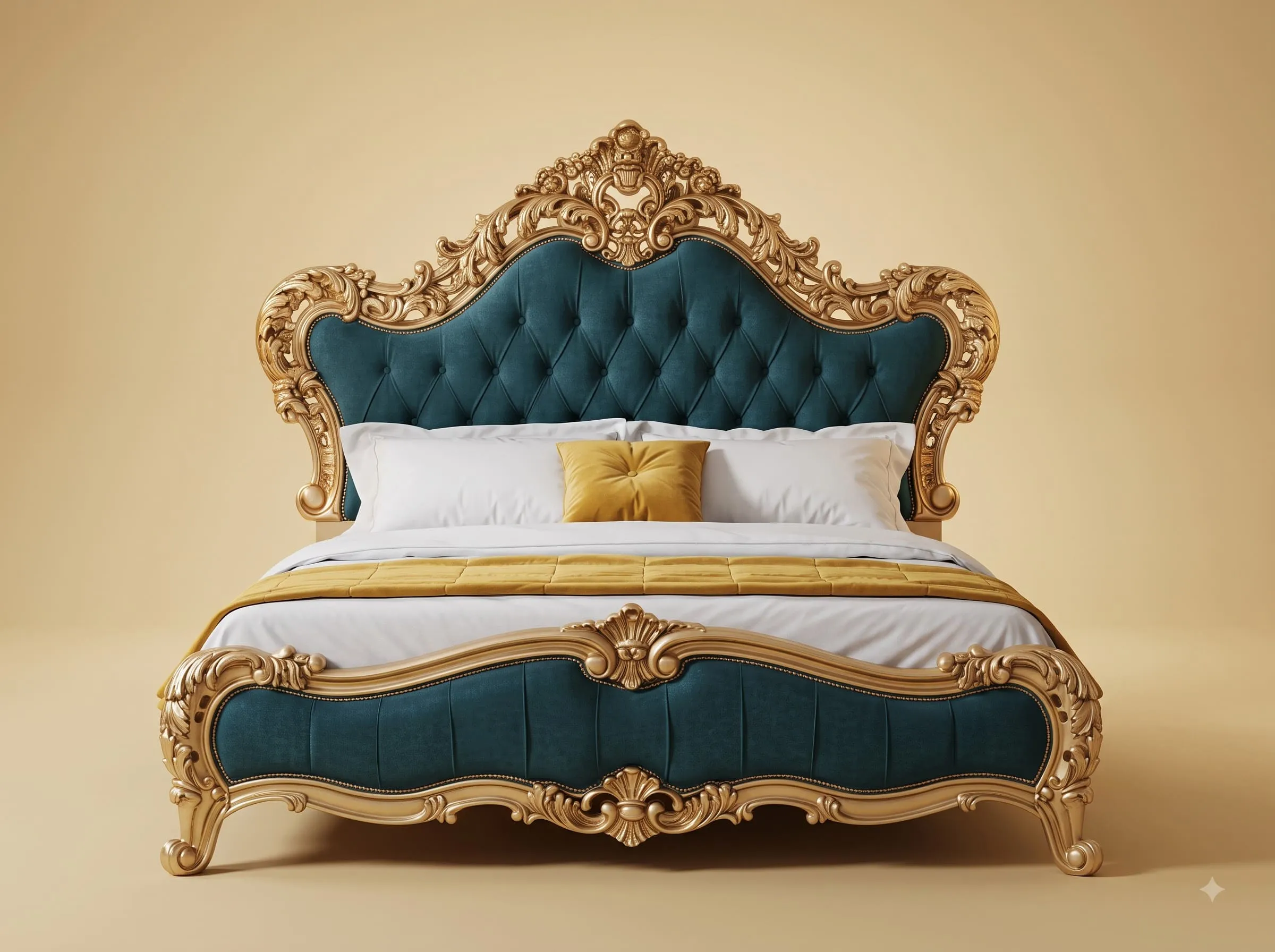 Designer Bed in Carved Teak - Teal Velvet with Champagne Gold Frame