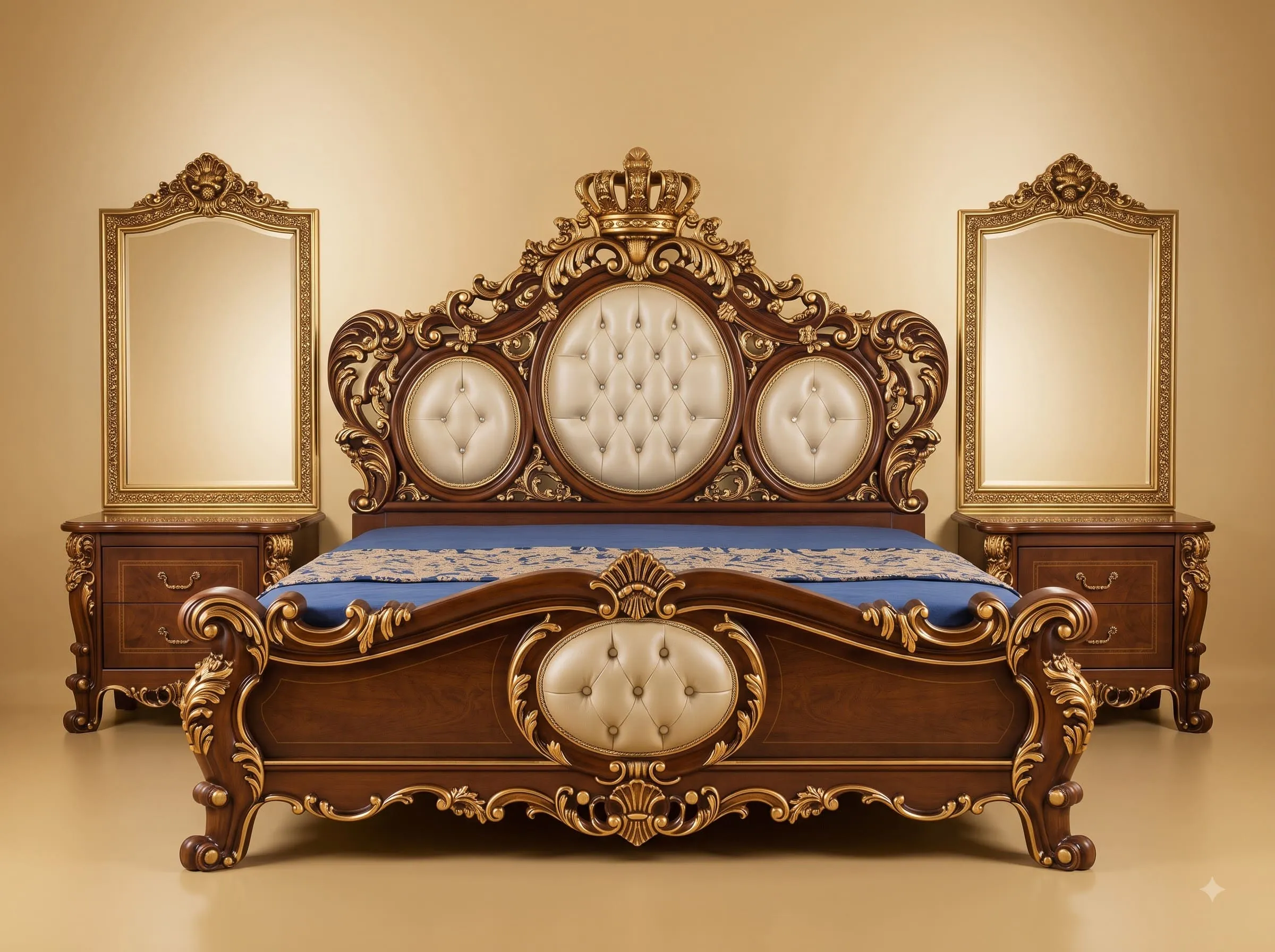 Royal Bed Design in Carved Teak - Gilded Crown and Tufted Ovals