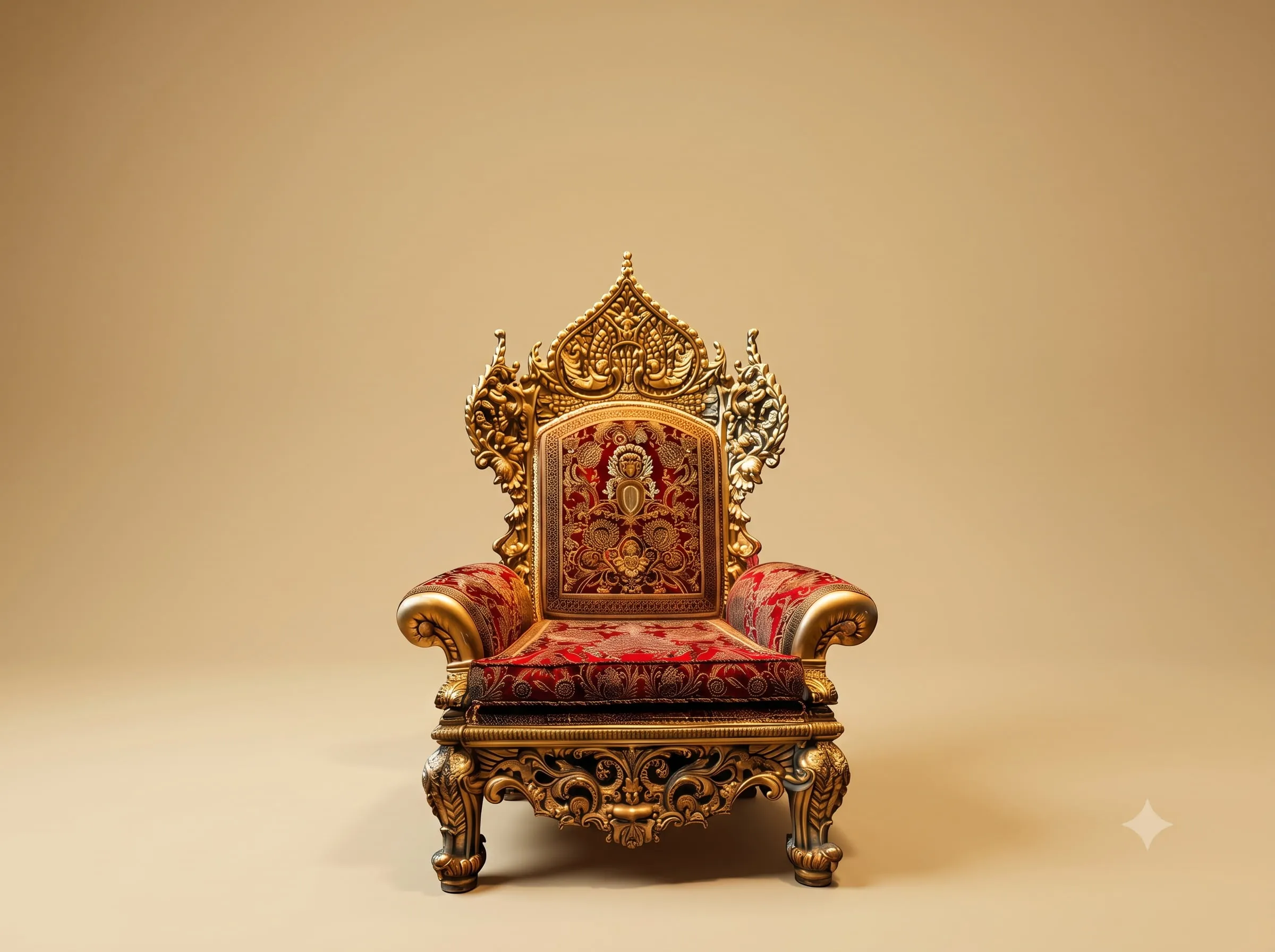 Carved Armchair in Teak with a Temple Arch Back and Red Brocade