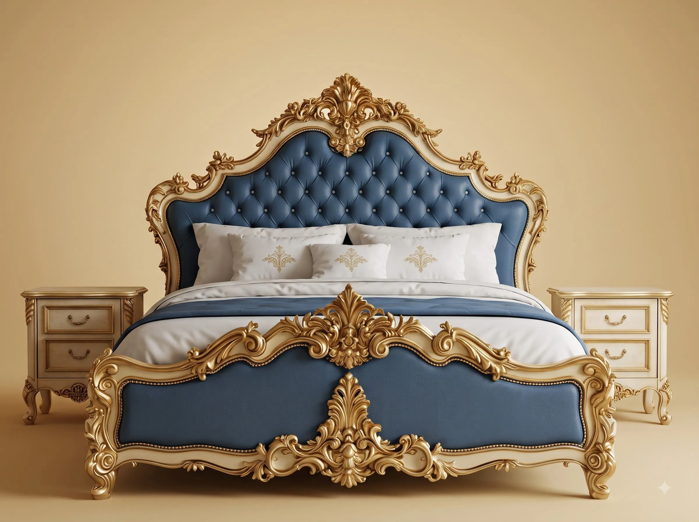Blue Bed Design in Carved Teak - Ivory and Gold Frame with Tufted Head