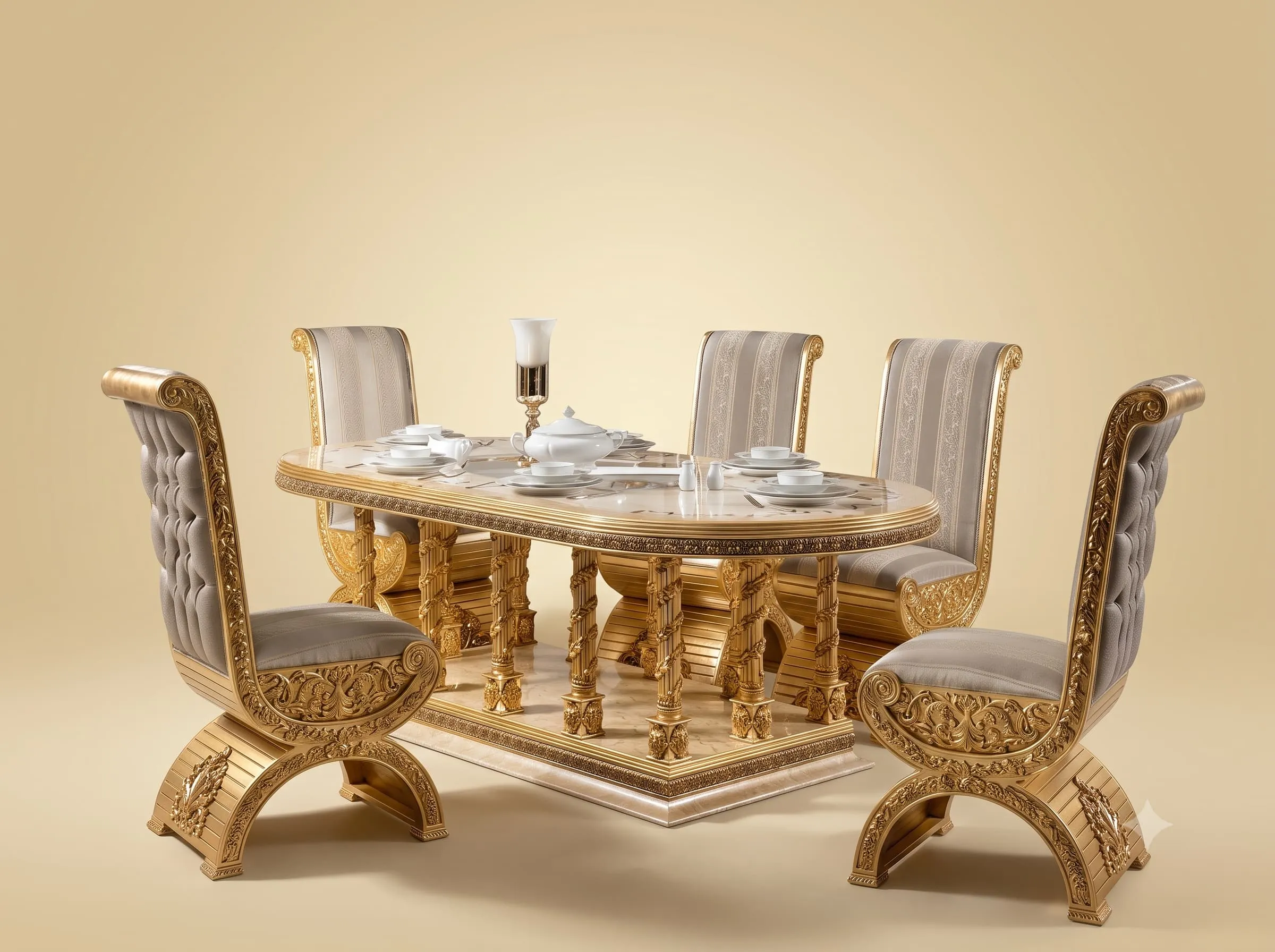Oval Dining Table Set in Carved Teak with Curved Base Chairs
