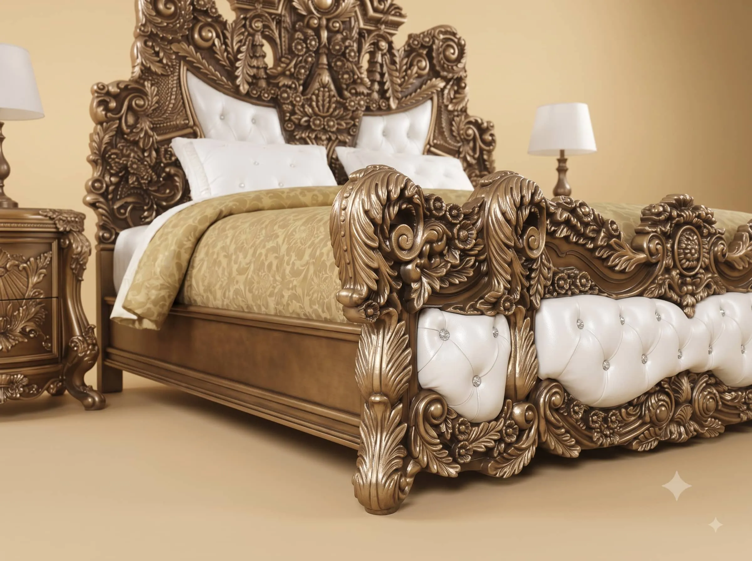 Luxury Bed Design in Carved Teak - Antique Bronze with Tufted Panels