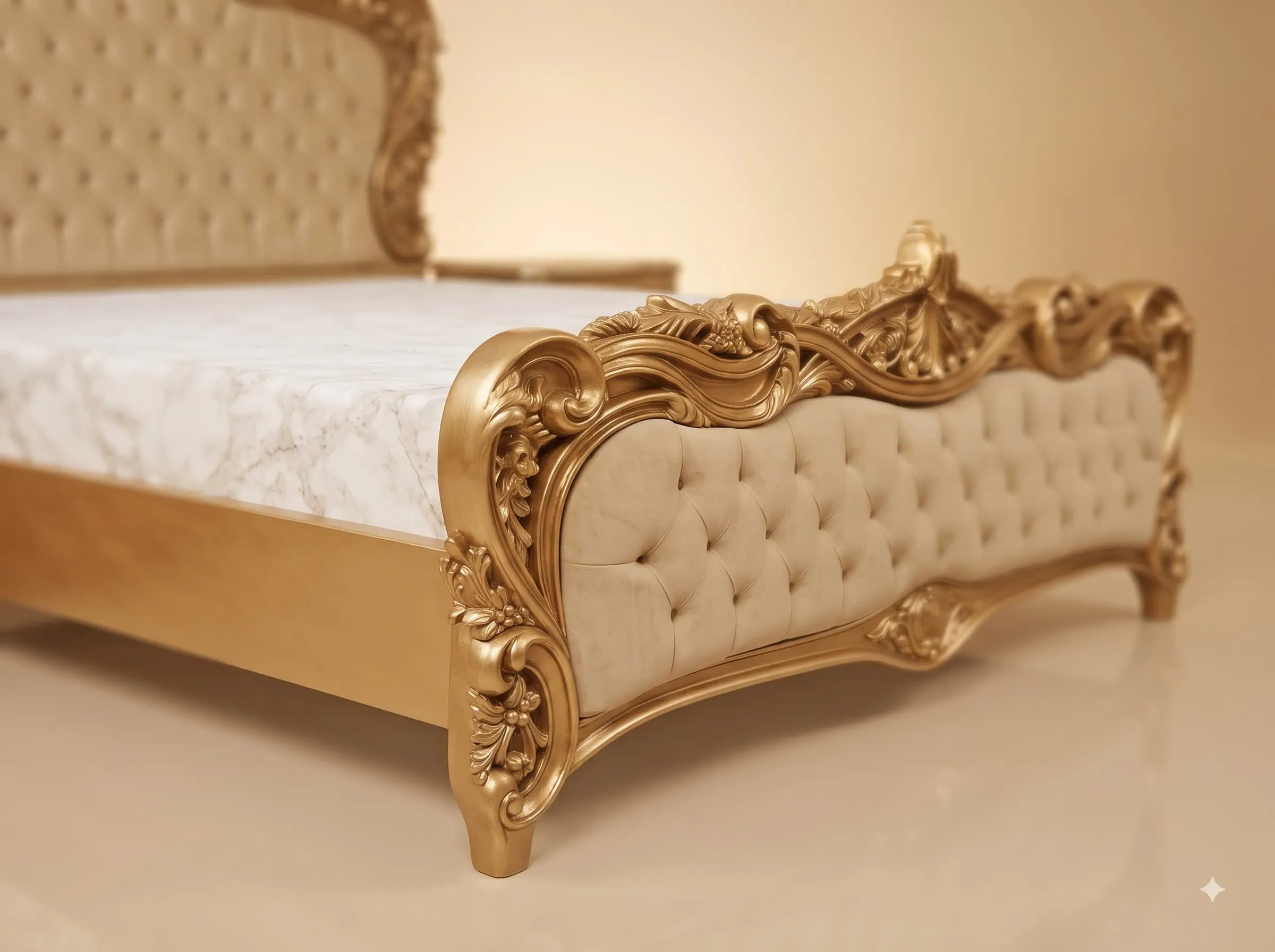 Velvet King Size Bed in Carved Teak - Gold Frame with Tufted Headboard