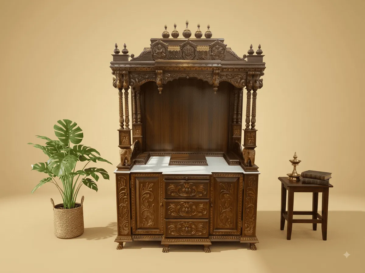 Mandir with Drawers in Carved Teak - Marble Top and Canted Corners