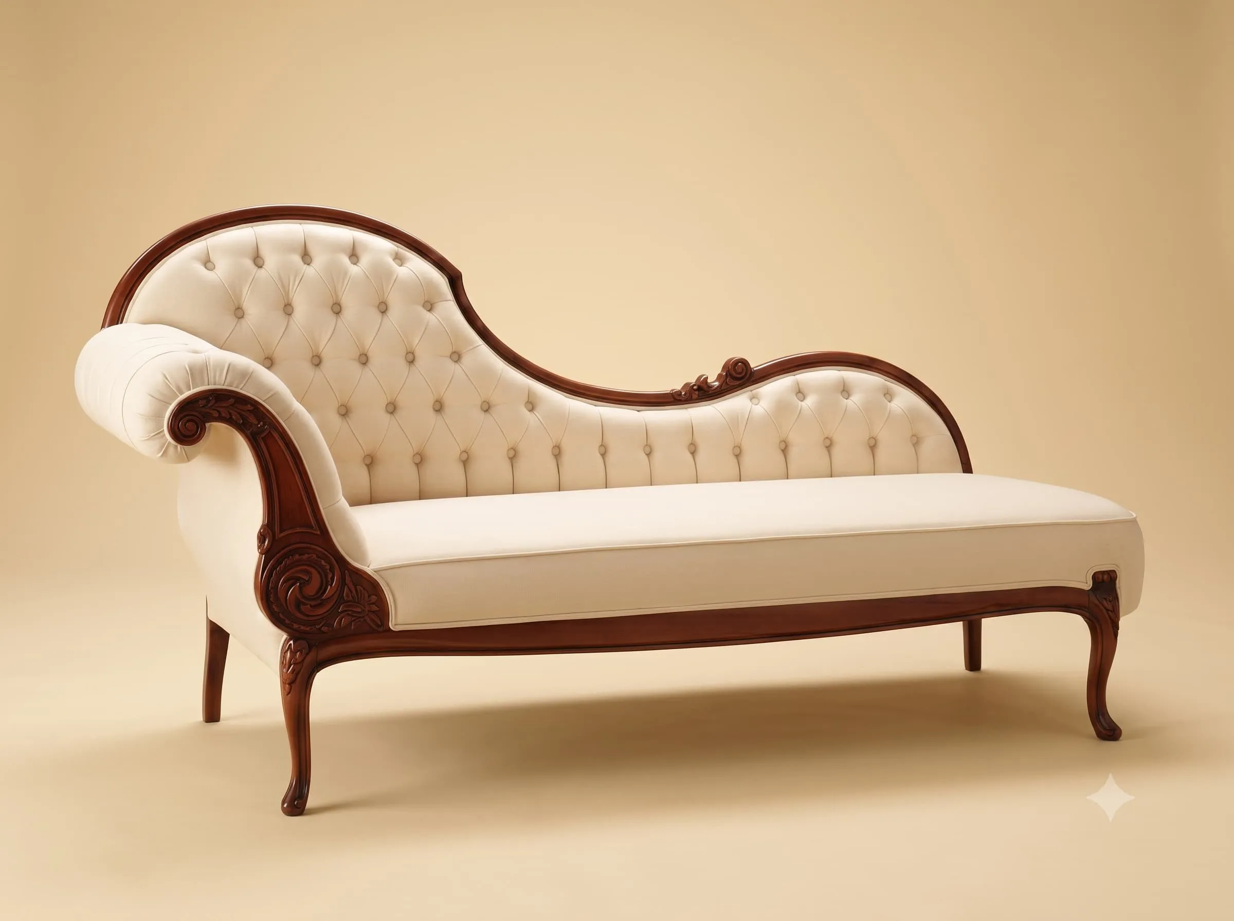 Wooden Diwan in Walnut Toned Teak with Buttoned Cream Back