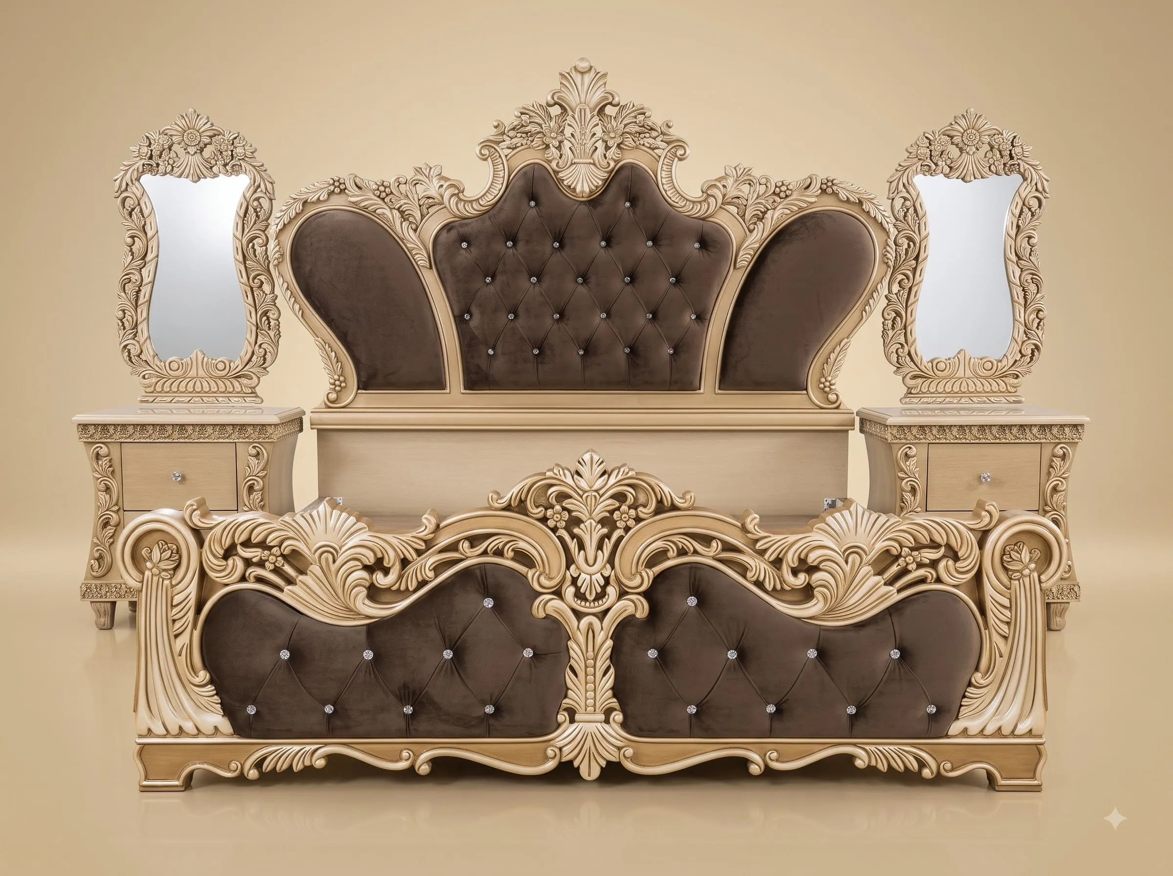 Designer Bedroom Set in Carved Teak - Cream Frame with Brown Velvet