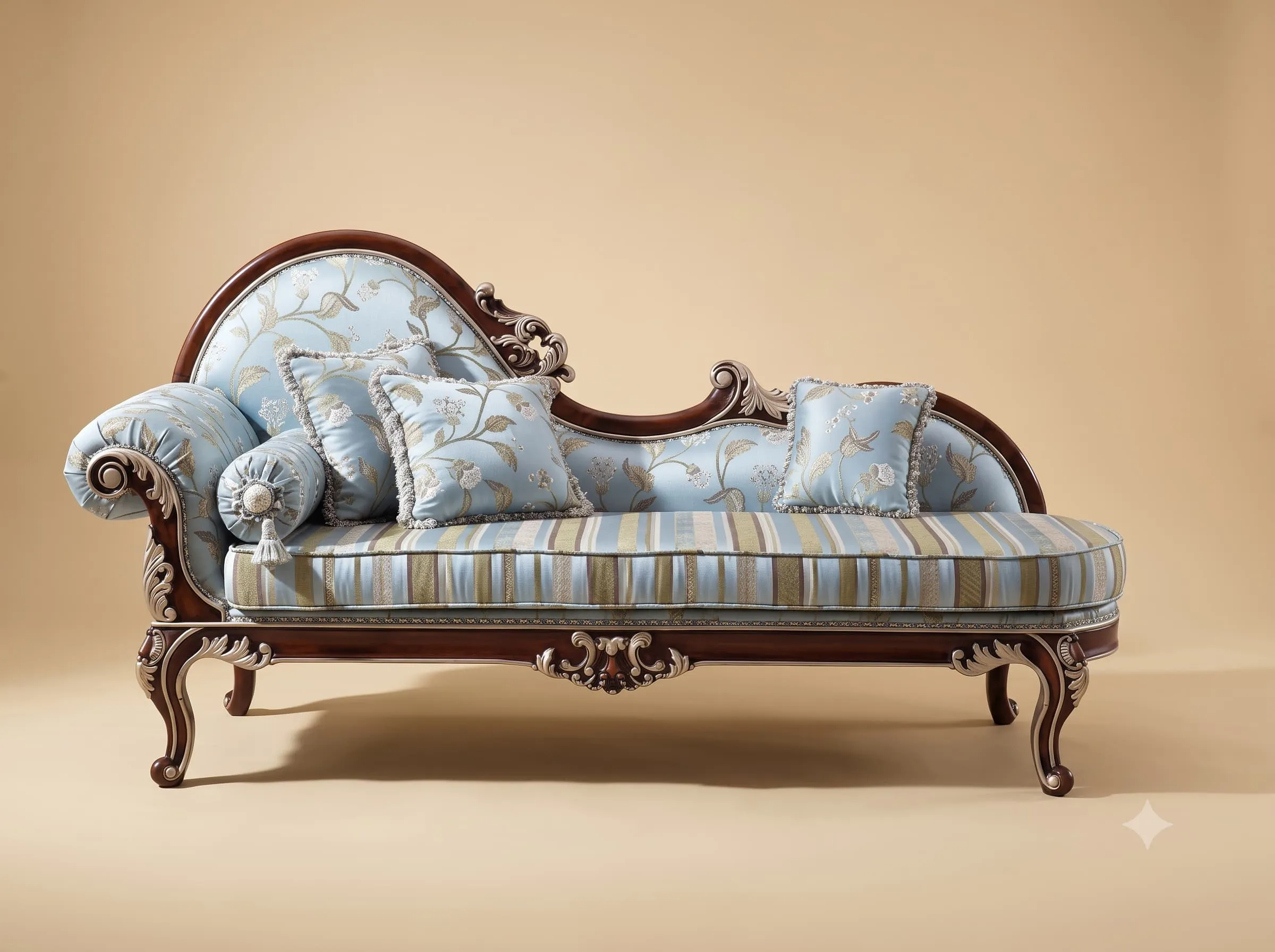 Sofa cum Diwan in Dark Teak with Pale Blue Floral Upholstery