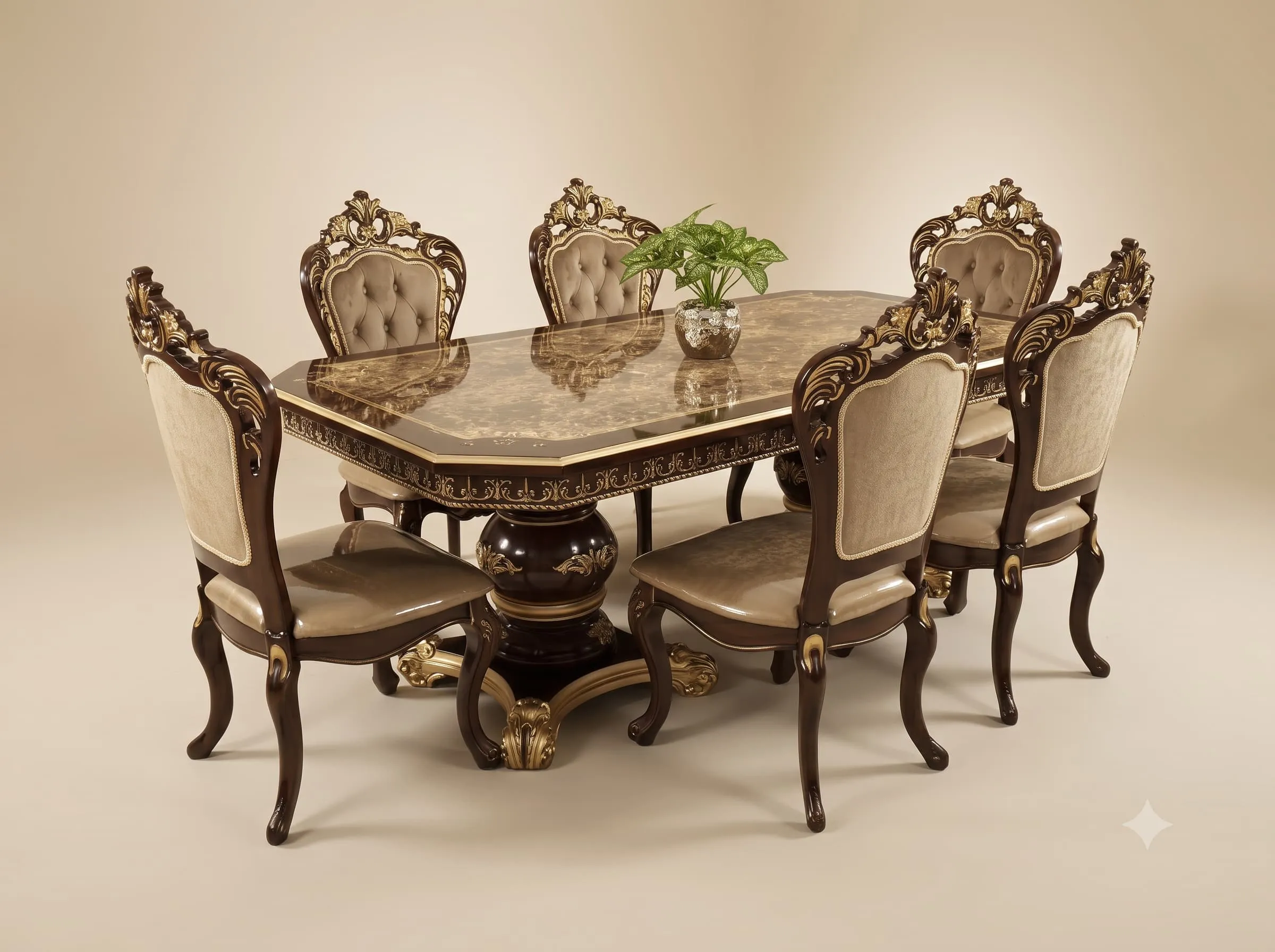 Brown Dining Table Set in Carved Teak with Gold Picked Detail