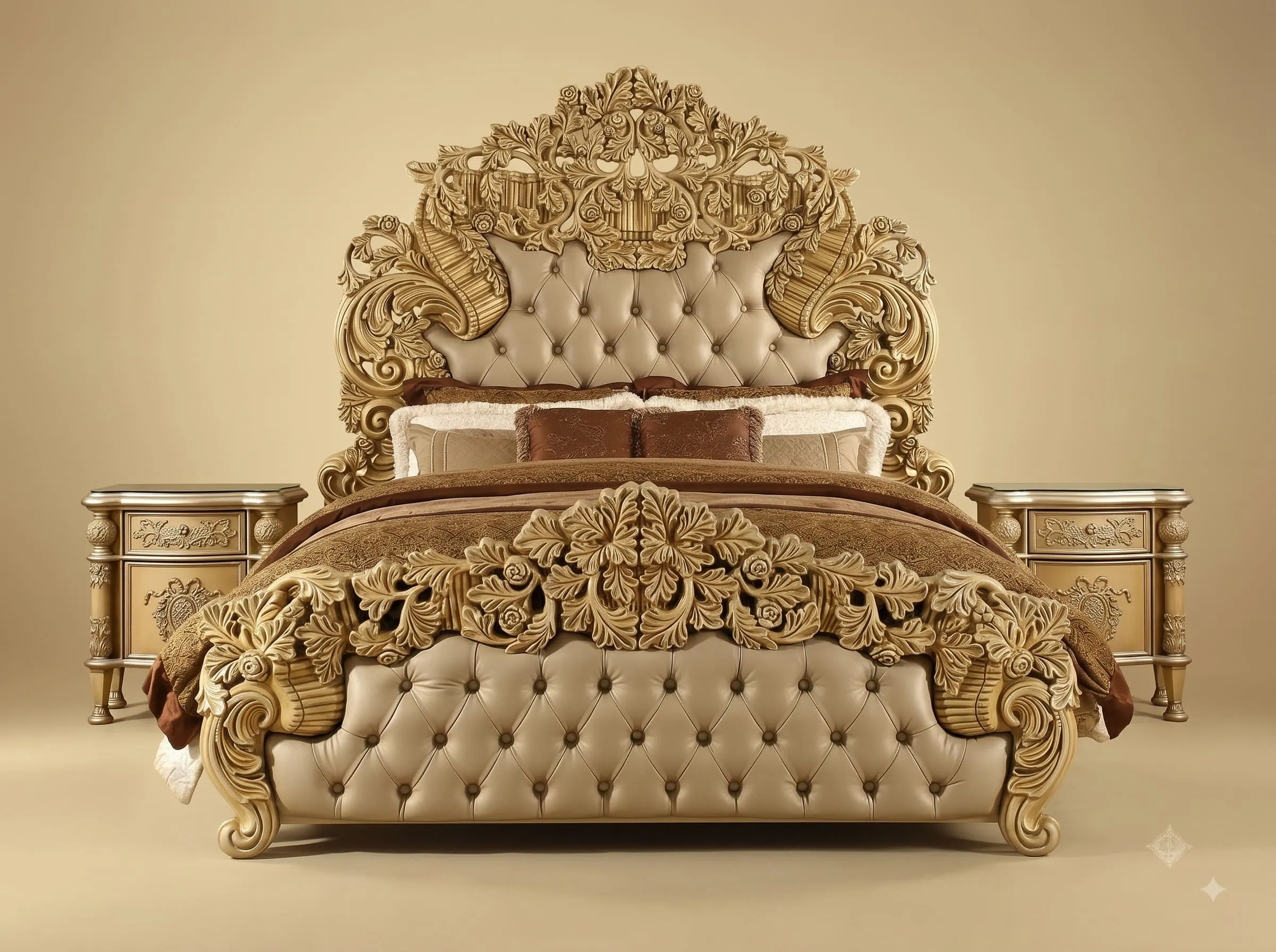 Carved Bed Design in Teak - Champagne with Leaf Garland Footboard