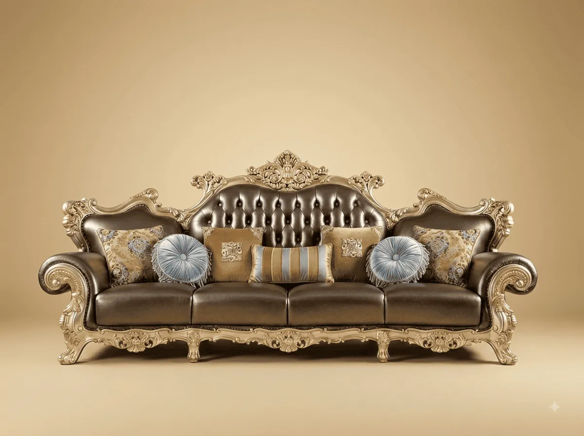 Leather Sofa in Carved Teak - 4 Seater Bronze with Champagne Frame