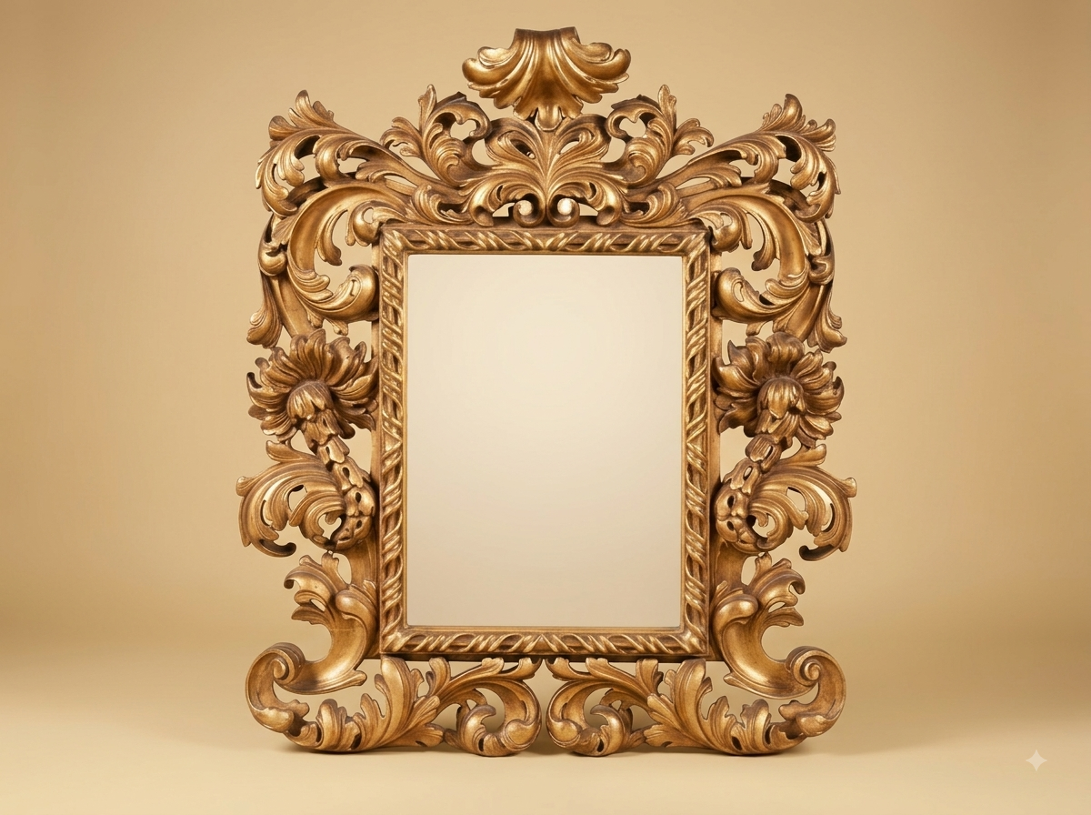 Hand-Carved Teak Wood Openwork Mirror | Gold Rosette and Rope Twist Frame