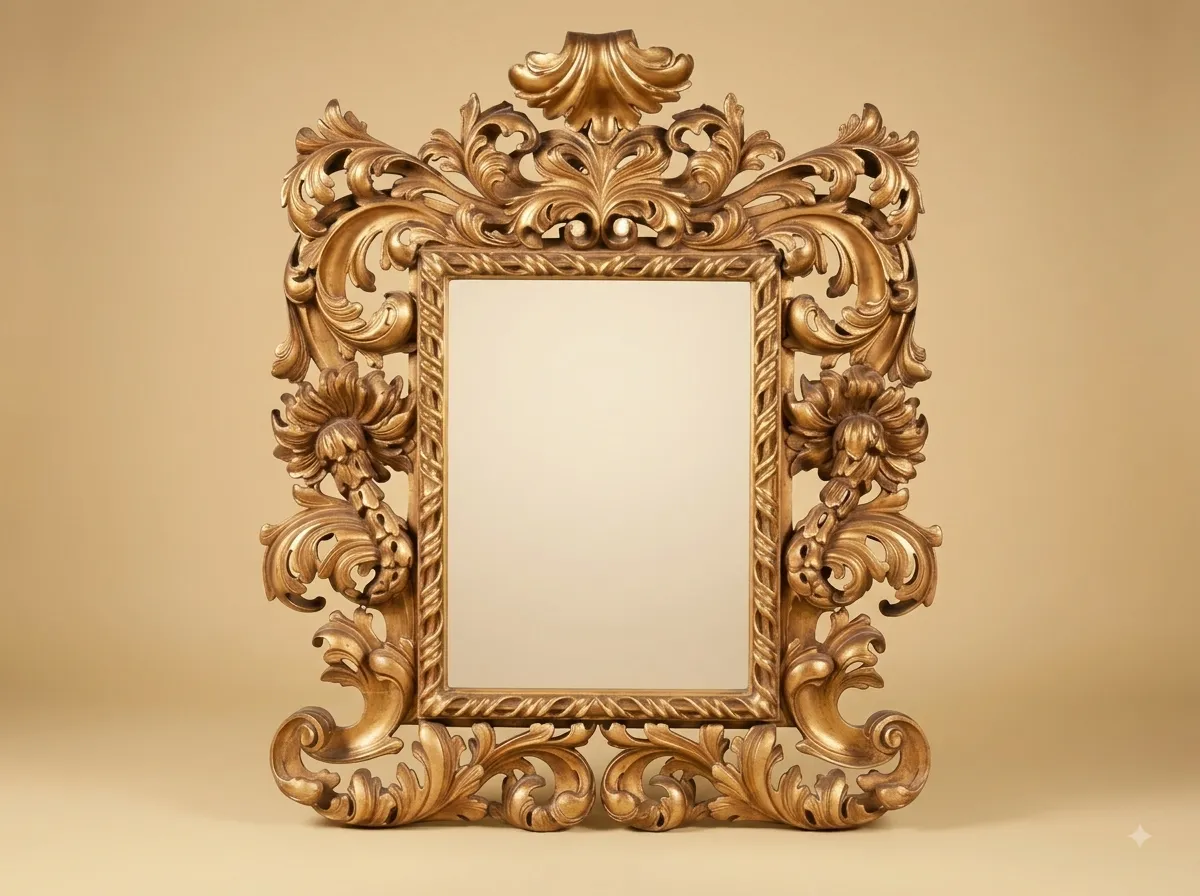 Gold Framed Mirror in Carved Teak with Rosettes and a Shell Crest