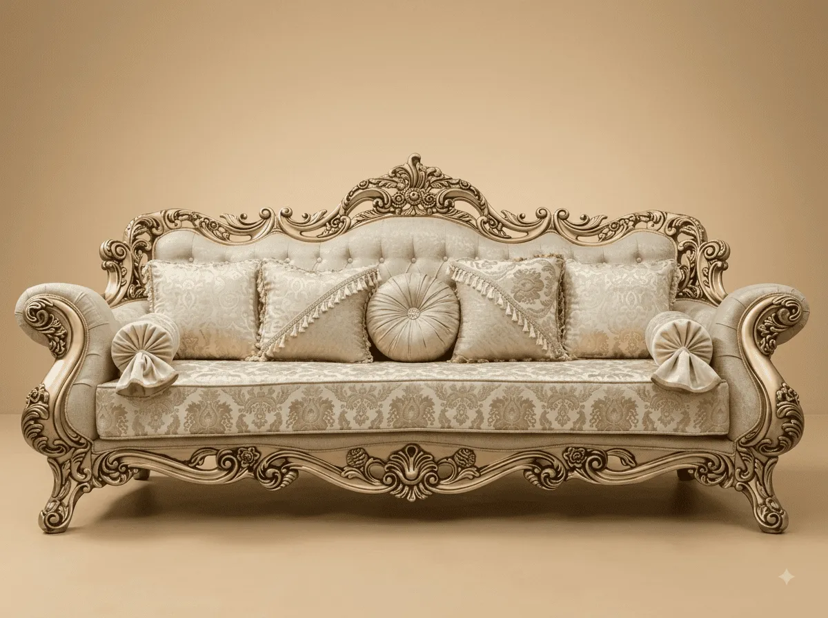Cream Sofa in Carved Teak - 3 Seater Tonal Frame and Damask Seat