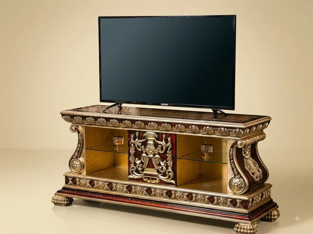 Open TV Unit in Carved Teak with Glass Shelves and Scrolled Ends