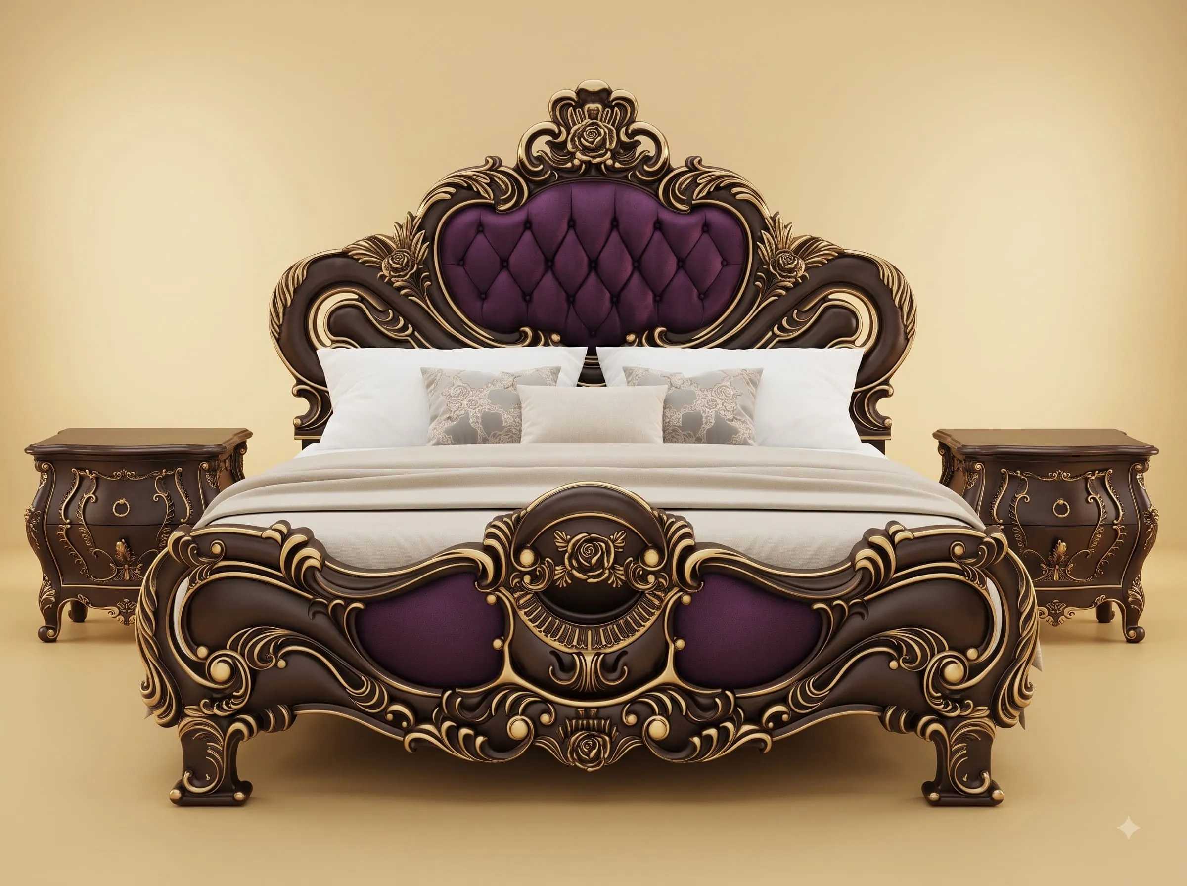 Plum Bed Design in Carved Teak - Dark Chocolate Frame with Gold Edges
