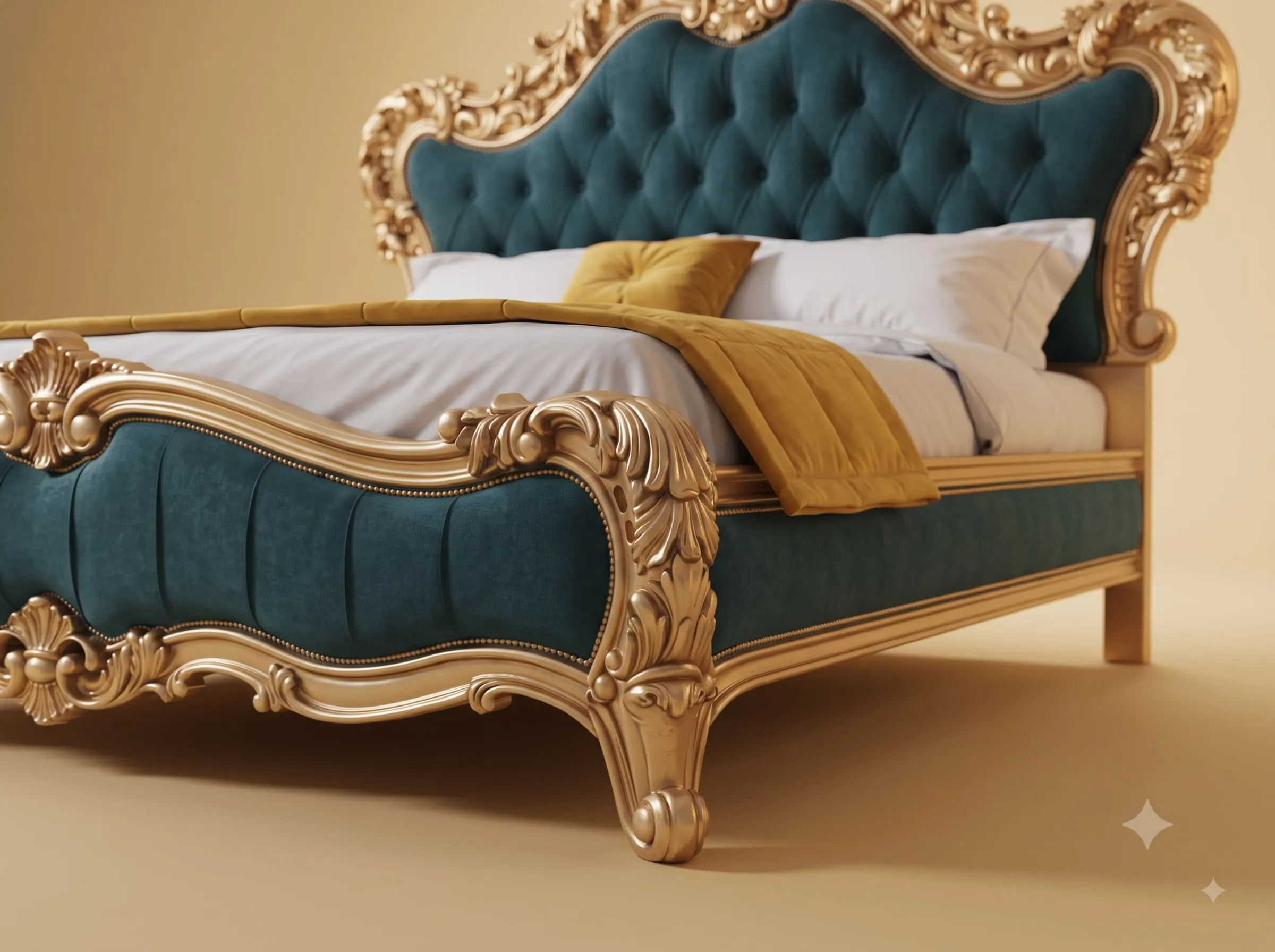 Designer Bed in Carved Teak - Teal Velvet with Champagne Gold Frame