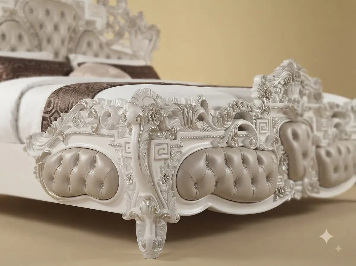 White King Size Bed with Tufted Footboard - Carved Teak Greek Key Design