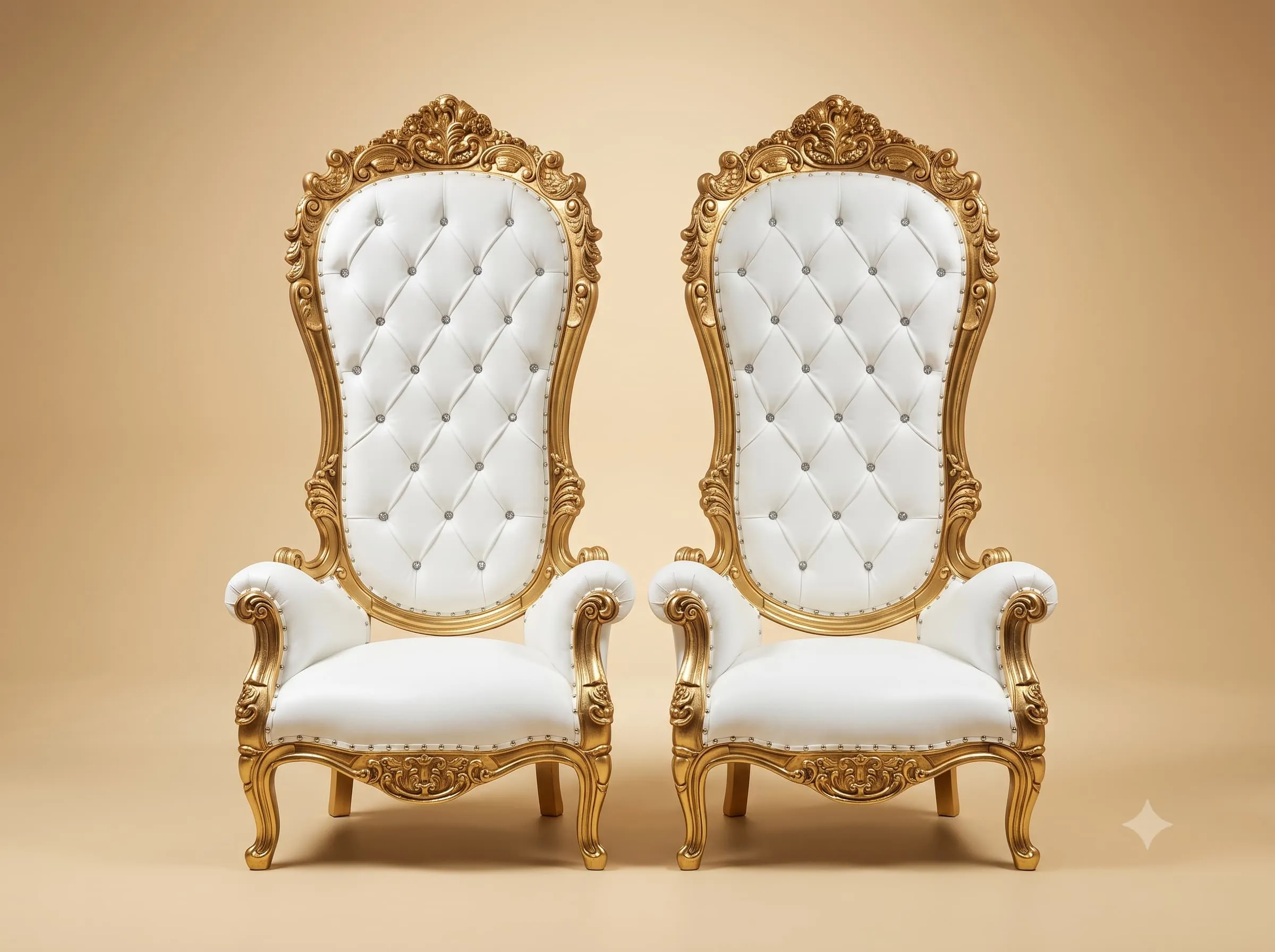 Wedding Chair in Carved Teak with a Gilded Frame and White Buttoned Back