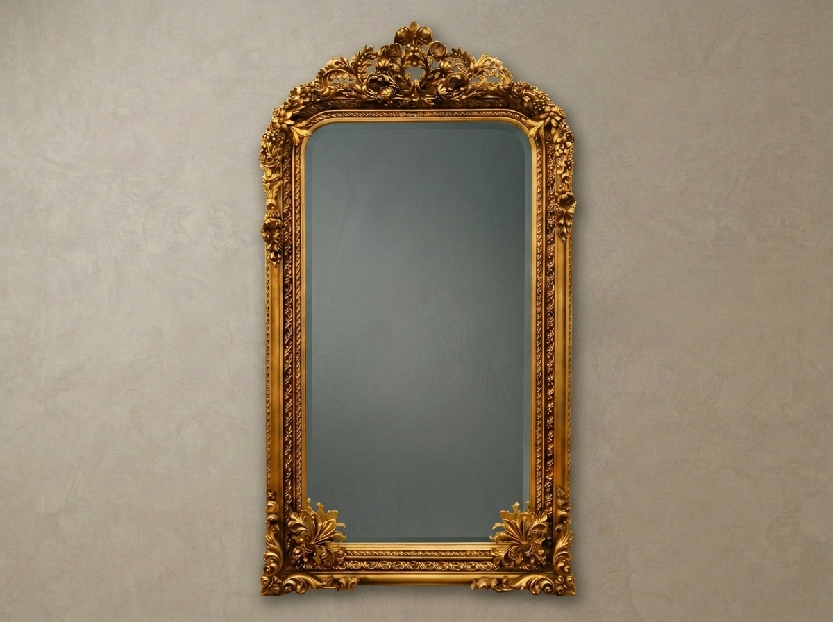 Wooden Long Handcrafted Teak Wood Mirror Frame | Brass & Golden Polish Traditional Full Length Wall Mirror