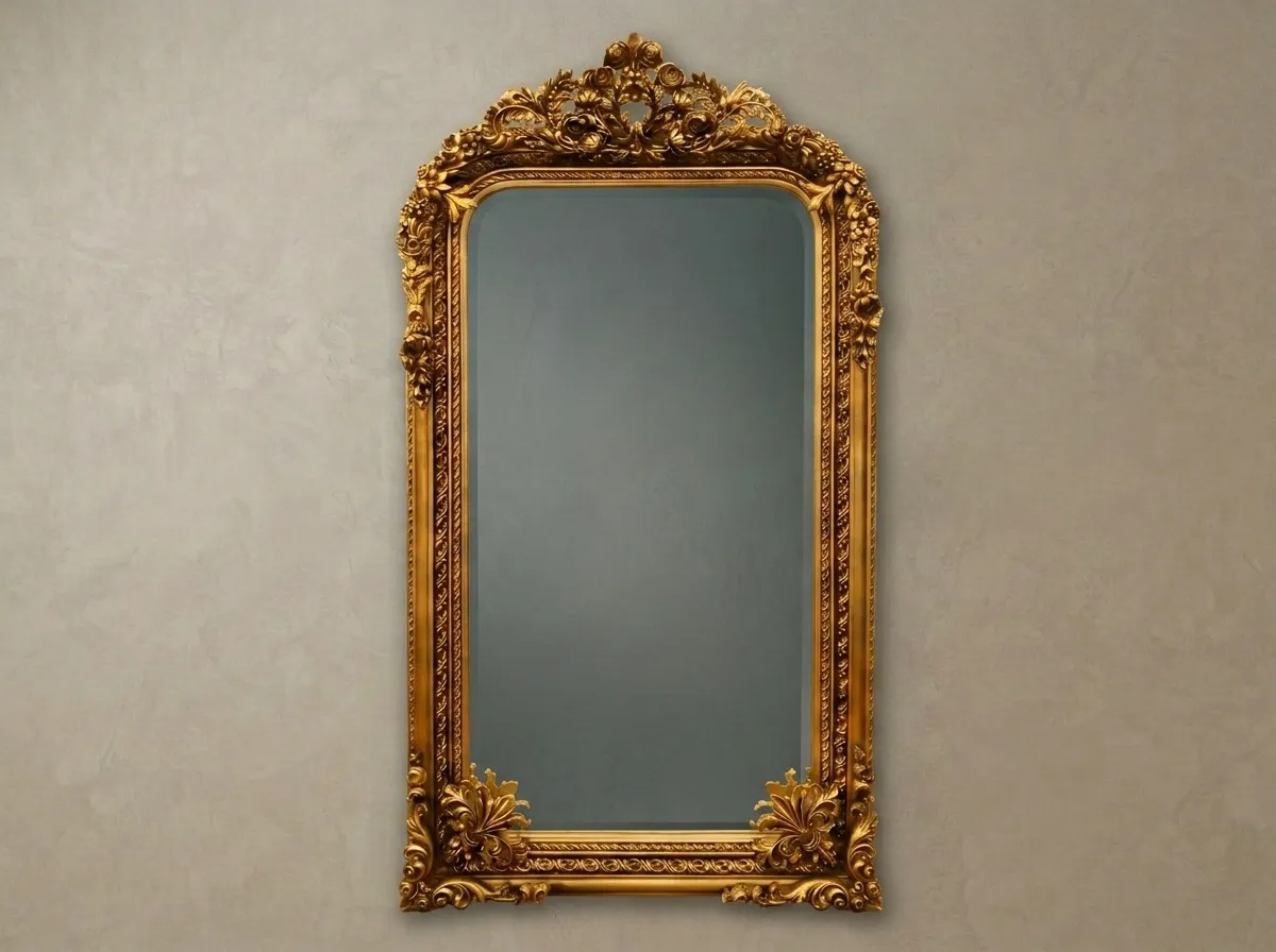 Wooden Long Handcrafted Teak Wood Mirror Frame | Brass & Golden Polish Traditional Full Length Wall Mirror