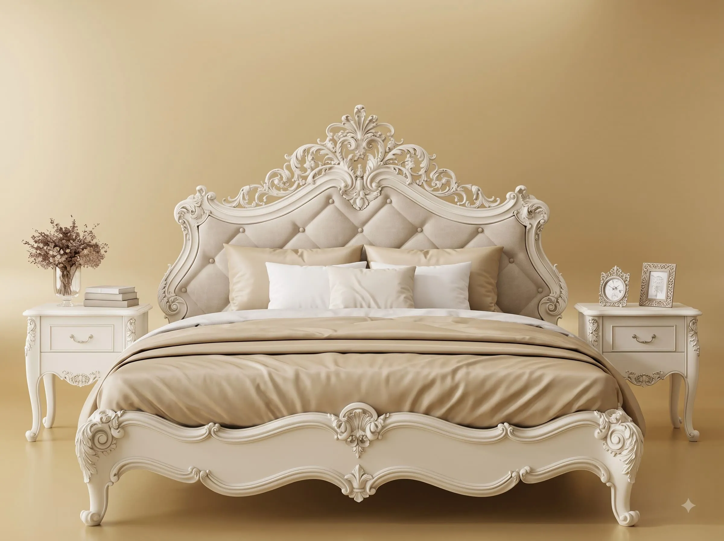 White King Size Bed in Carved Teak - Antique French Tufted Headboard