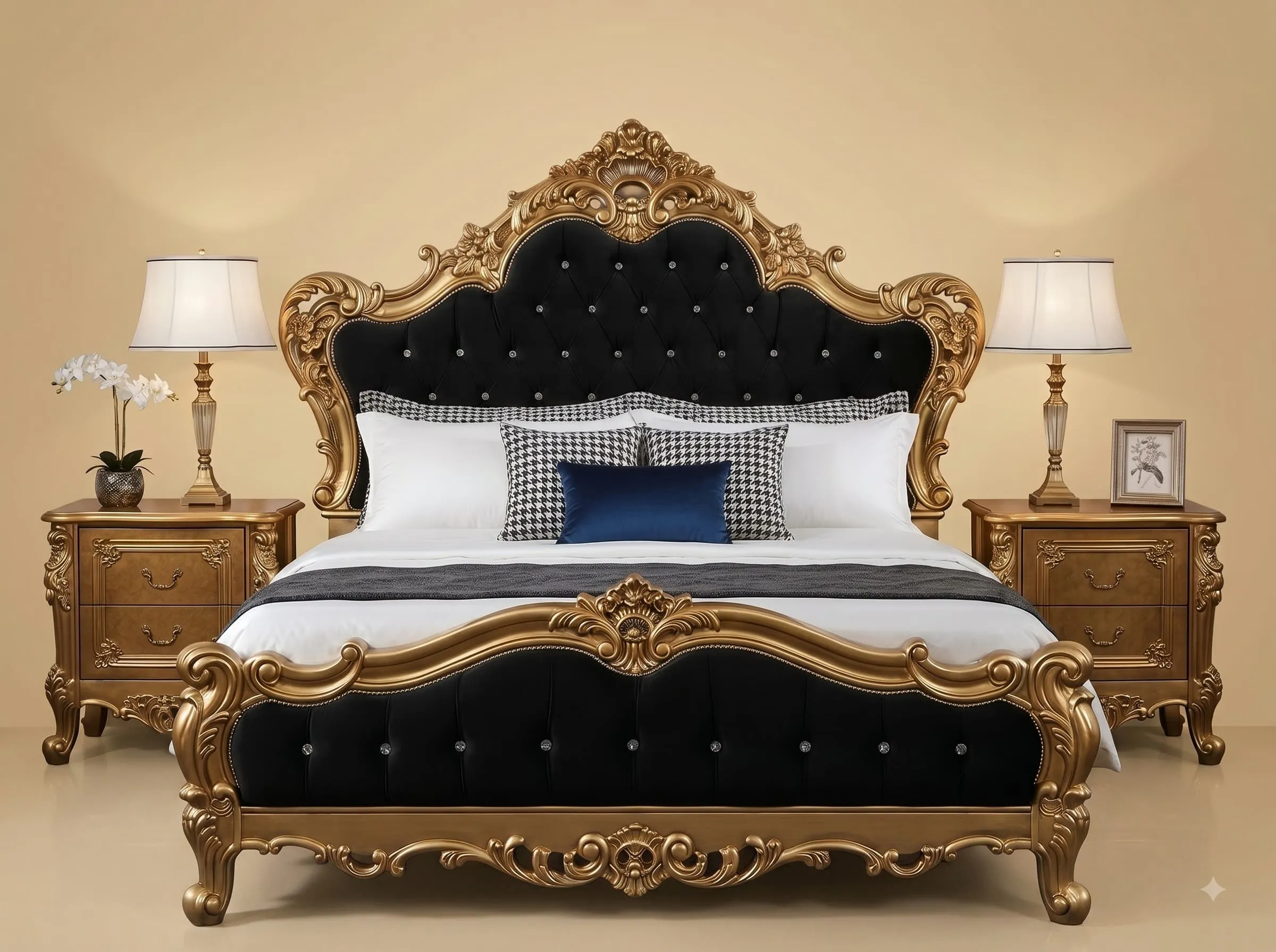 Black and Gold King Size Bed - Carved Teak with Velvet Tufting