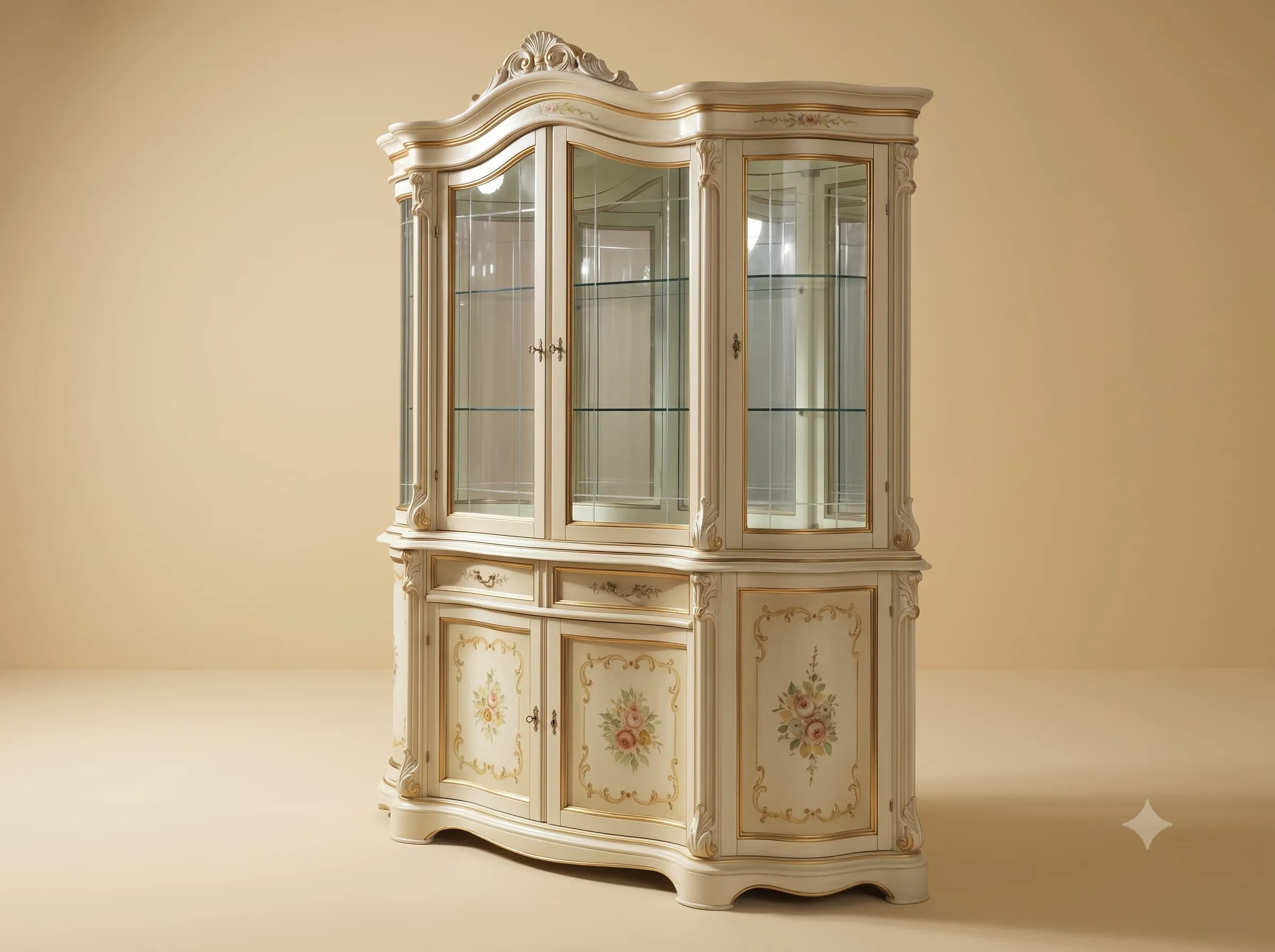 Crockery Unit in Carved Teak with Glazed Top and Painted Panels