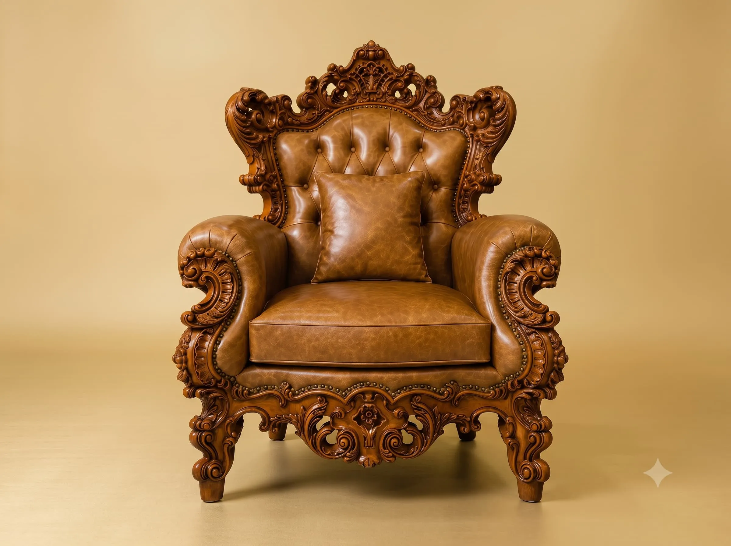 Leather Armchair in Carved Teak with Deep Scrollwork and a Natural Polish