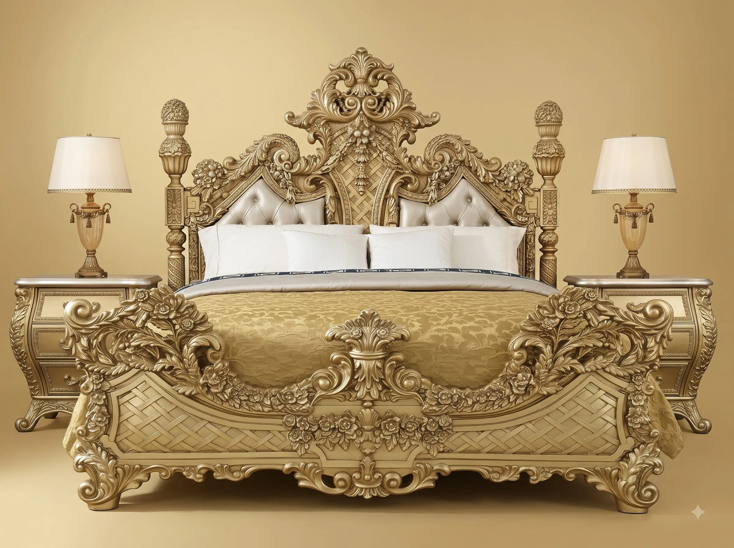 Wooden Cot Design in Carved Teak - Champagne with Carved Lattice Foot