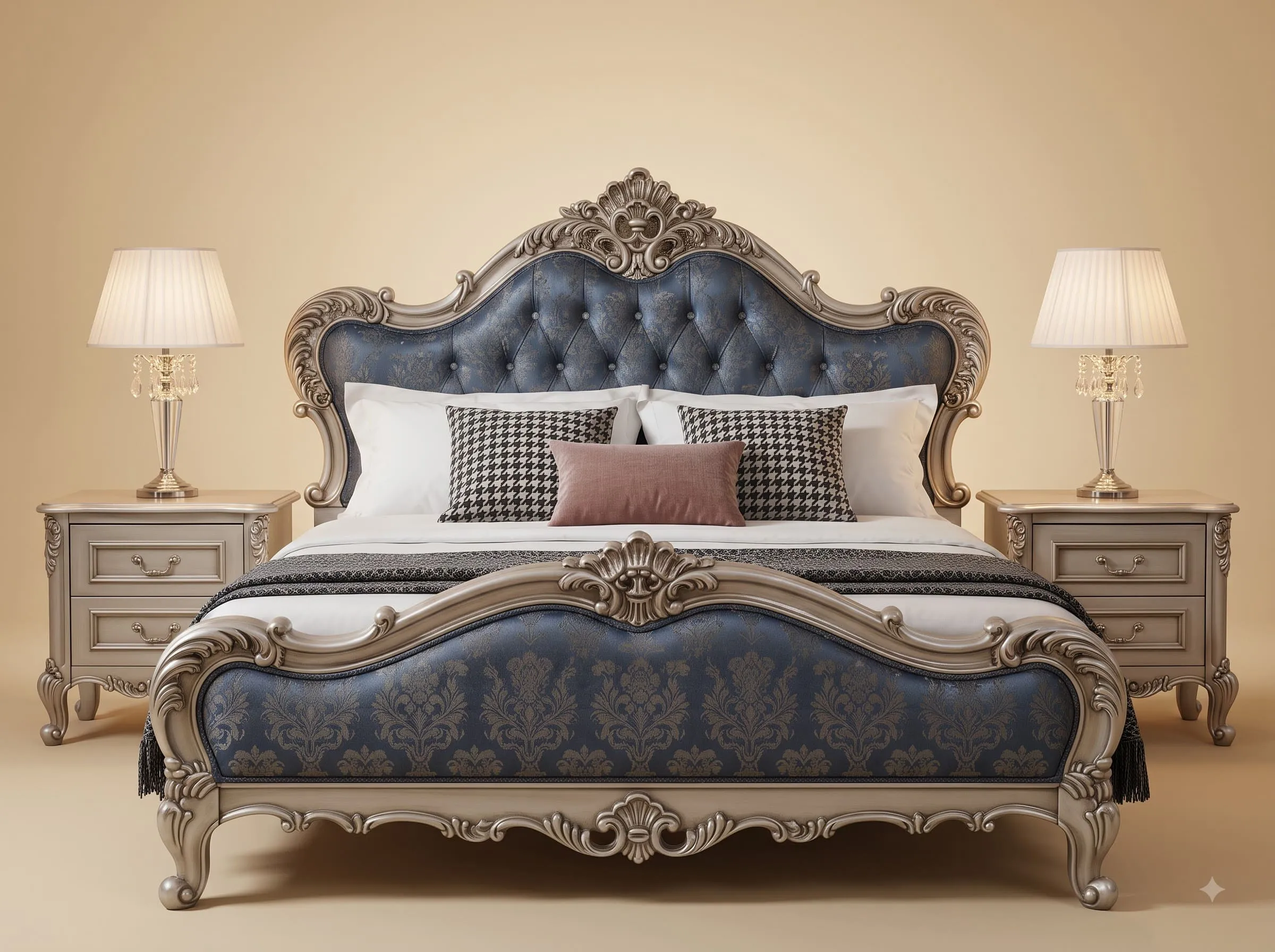 Blue Upholstered King Size Bed in Teak - Silver Carved Damask Frame