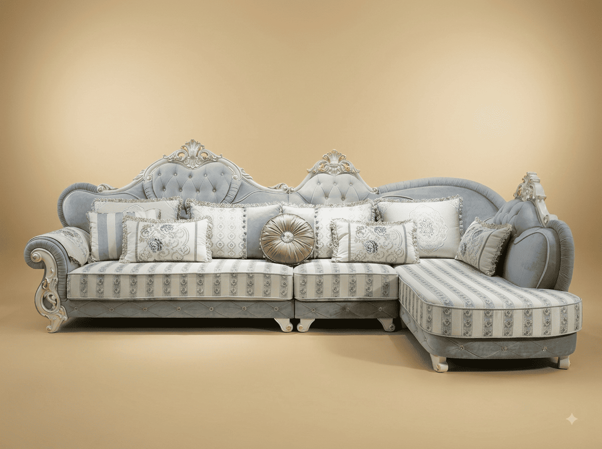 Luxury Sofa Design in Carved Teak - Silver Grey with Rounded Chaise - Image 1