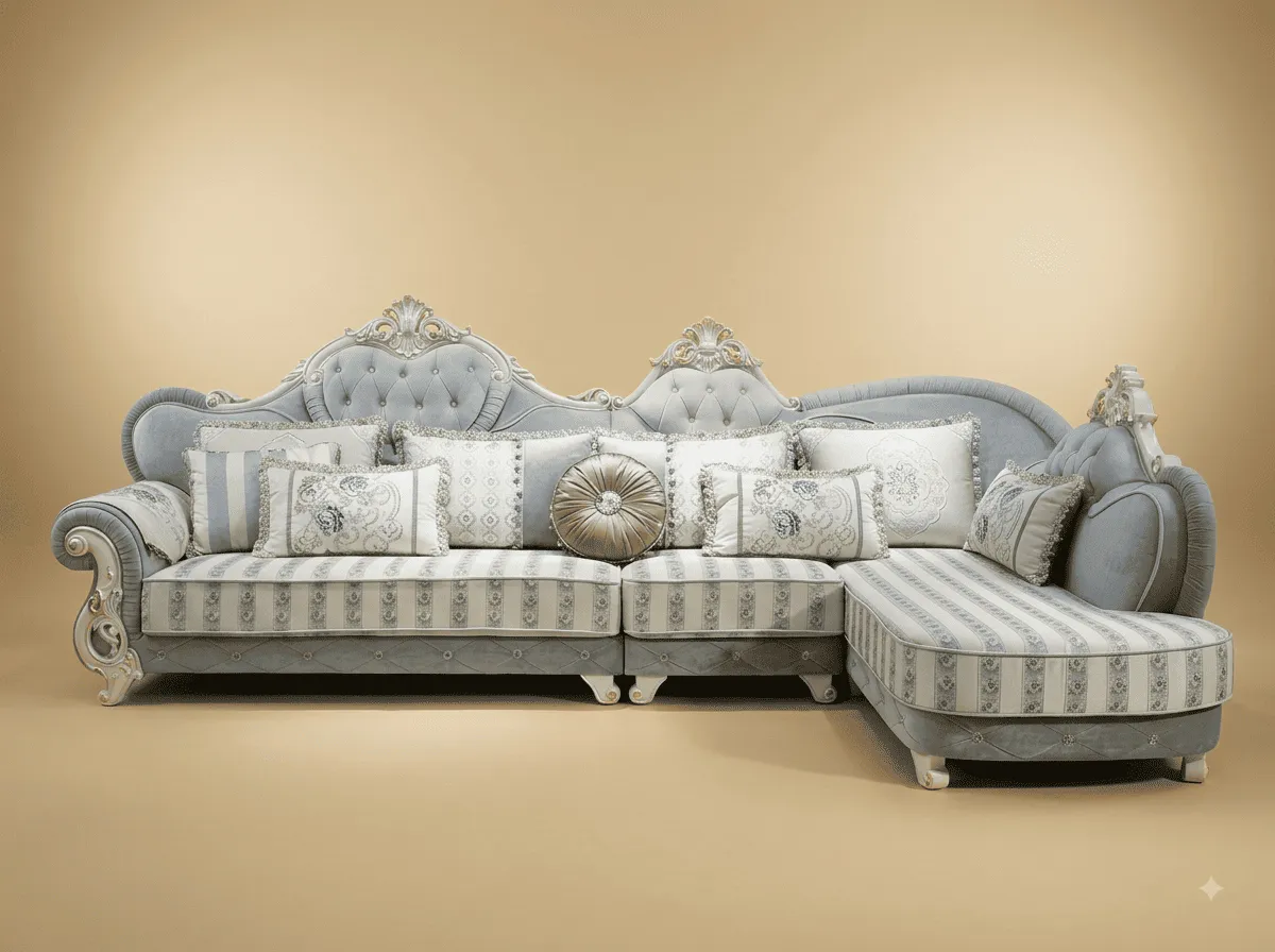 Luxury Sofa Design in Carved Teak - Silver Grey with Rounded Chaise