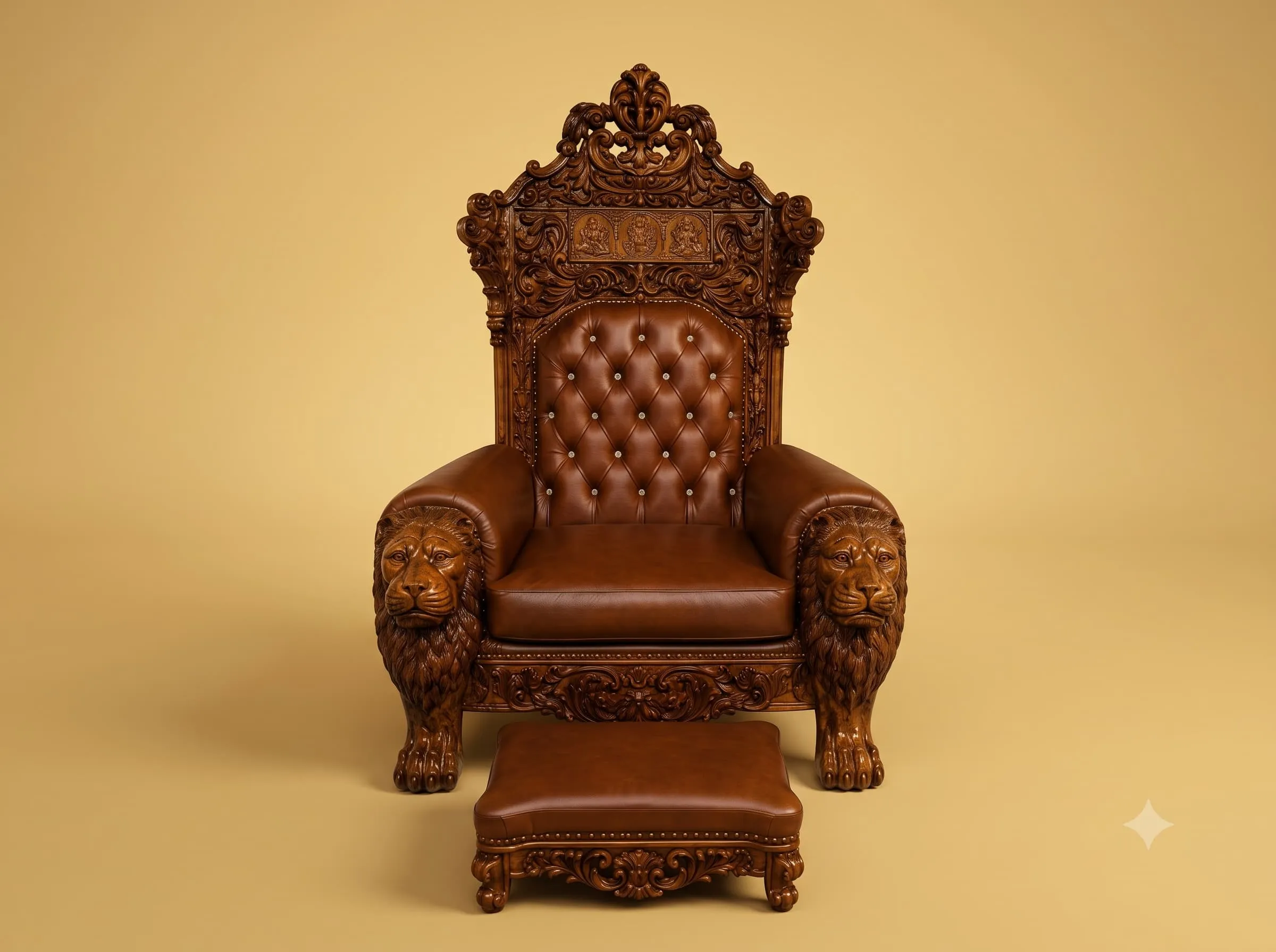 Throne Chair with Footstool in Carved Teak and Tan Leather