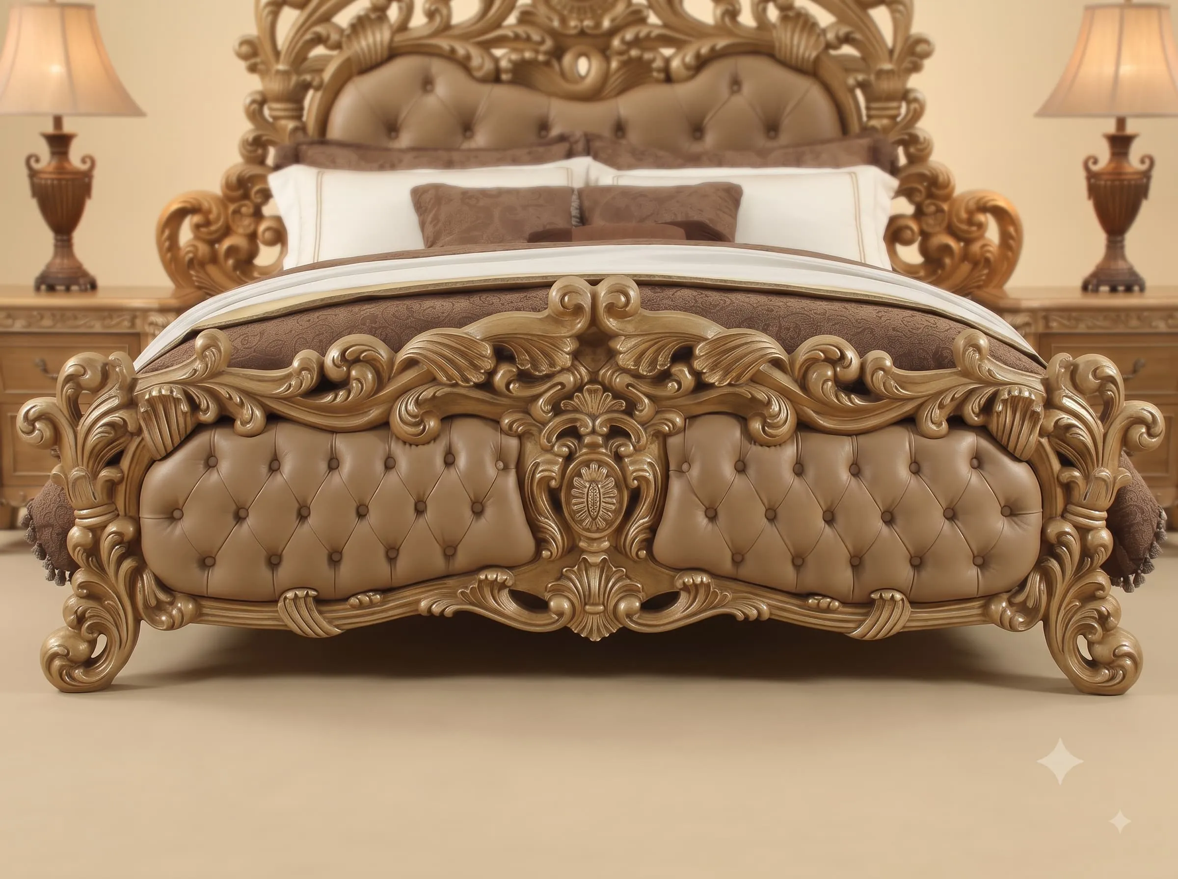 Bedroom Furniture Set in Carved Teak - Antique Gold with Taupe Tufting