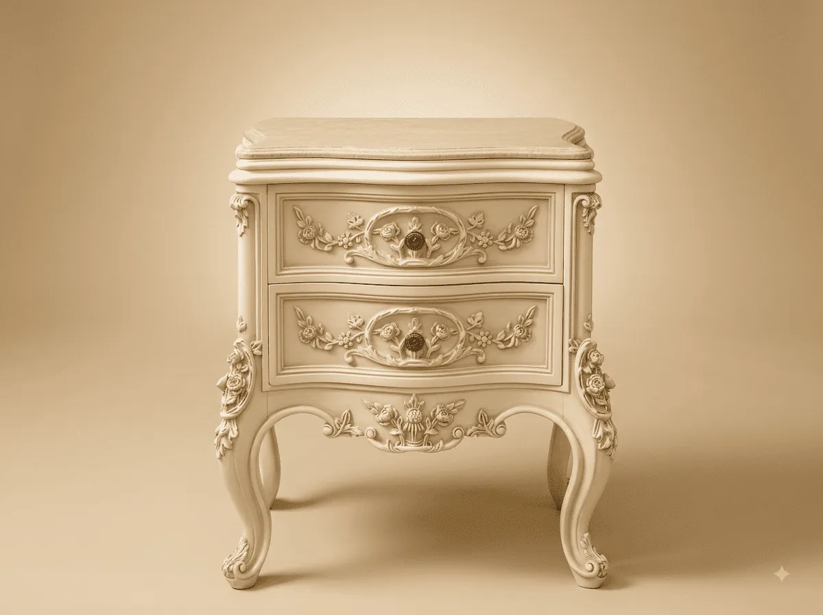 French Side Table in Carved Teak - Ivory with Rose Garland Drawers