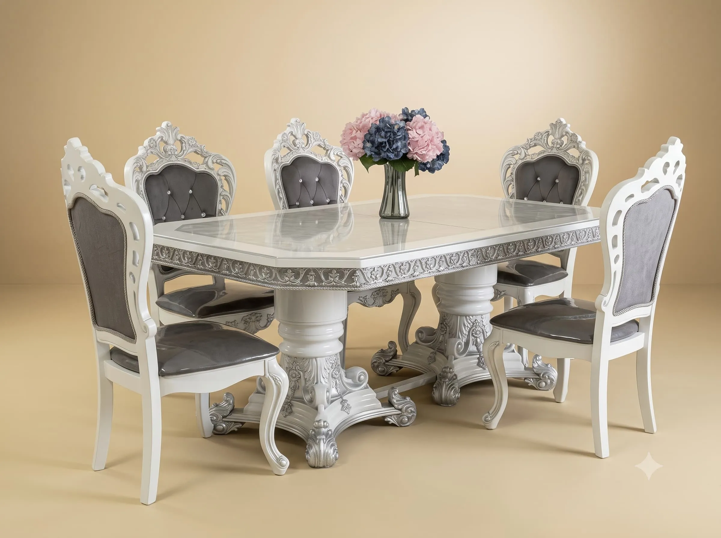 Contemporary Dining Table Set in Carved Teak with Grey Seats