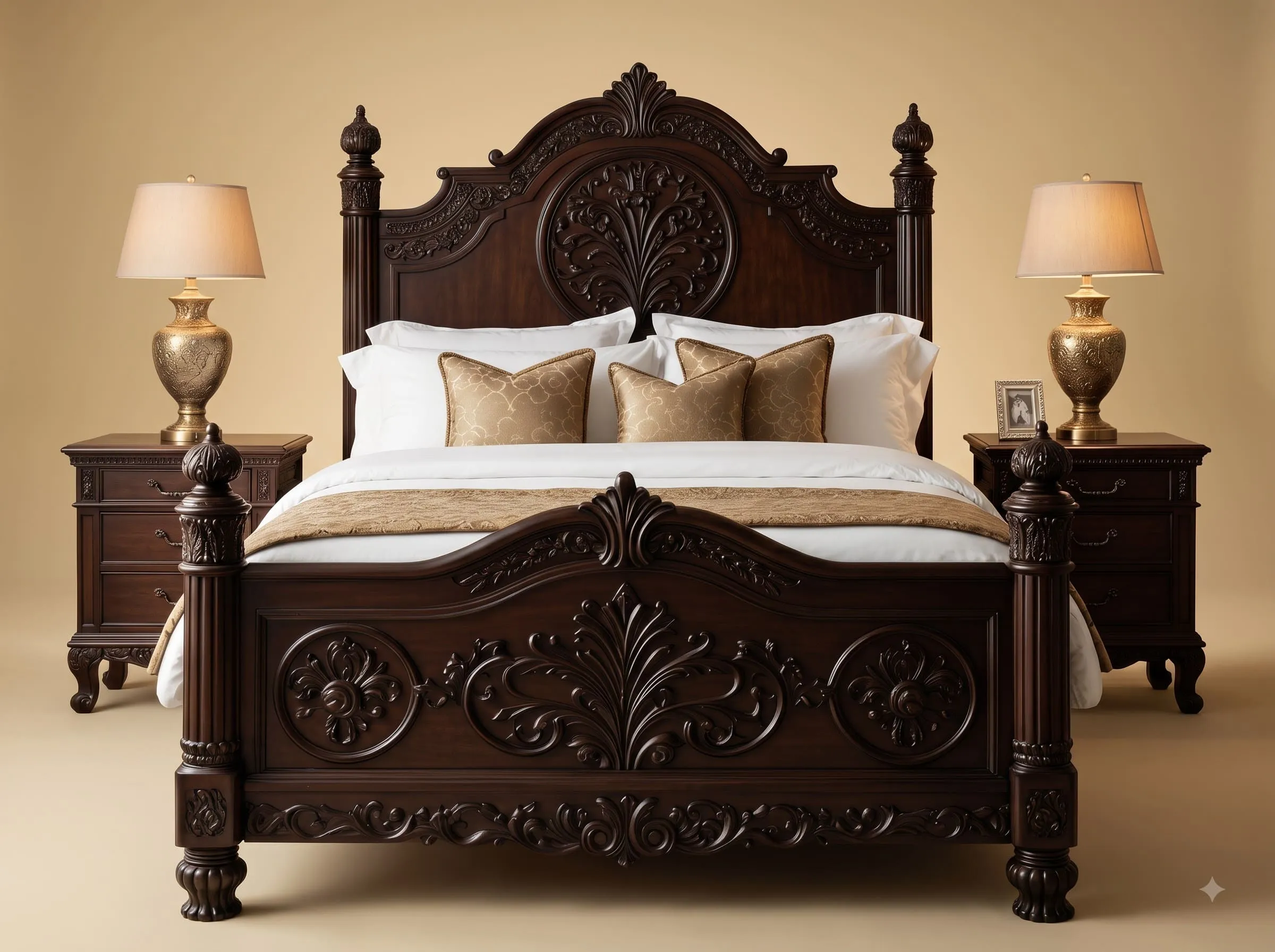 Dark Wood Bed Design in Carved Teak - Espresso with Post Finials