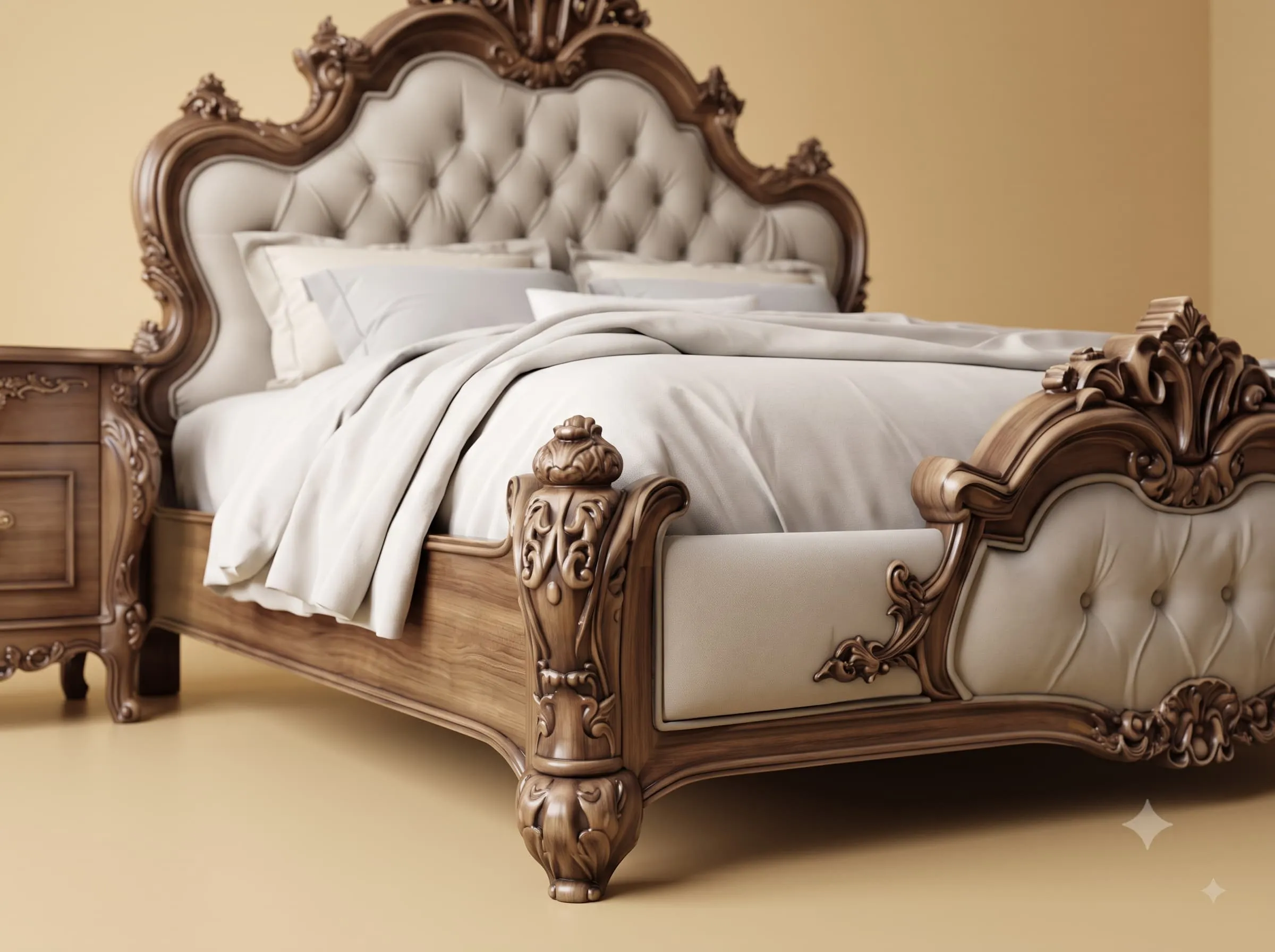 Grey Bed Design in Carved Teak - Walnut Frame with Tufted Panels